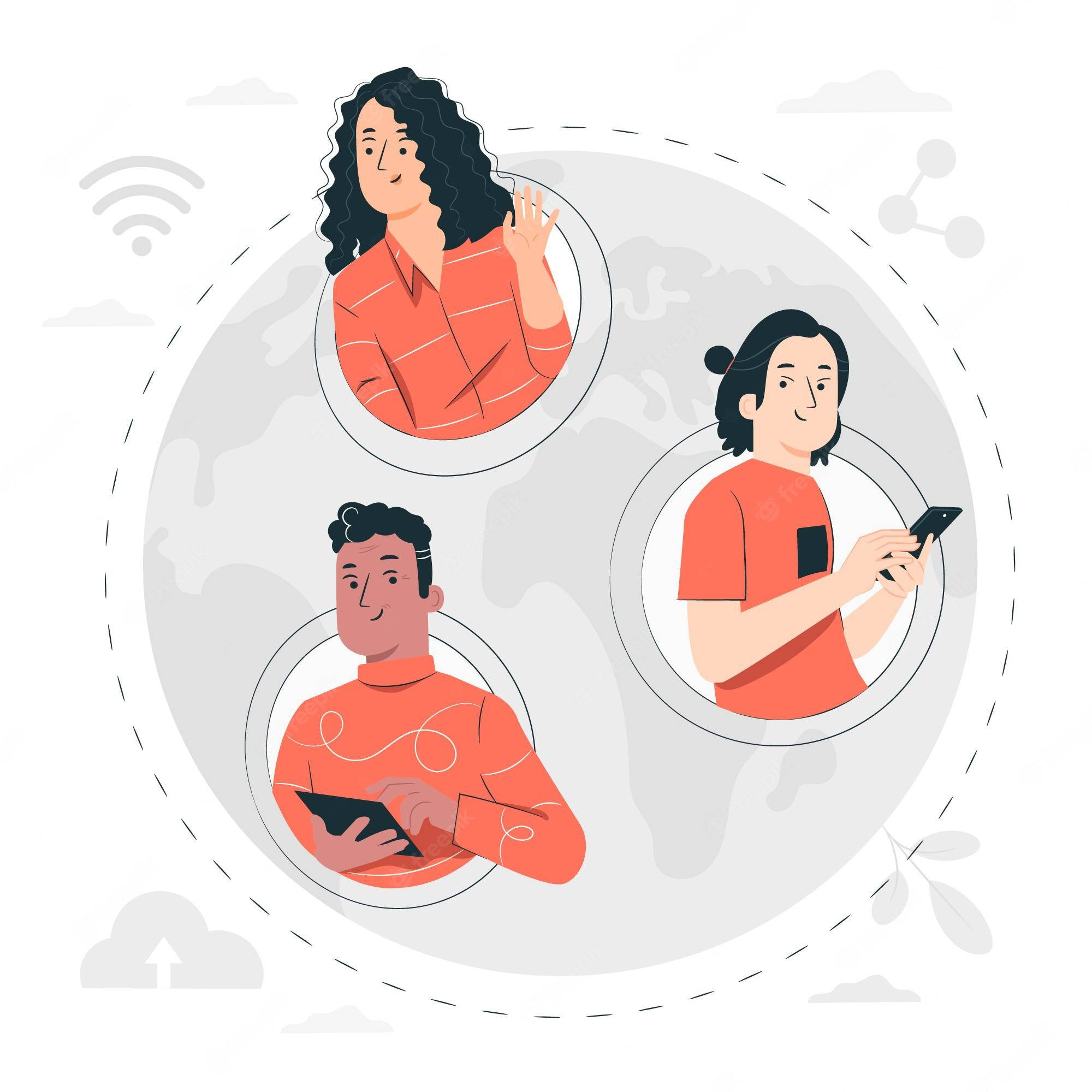 Internet 桌布 壁紙 — 三名身穿橙色襯衫的人士透過裝置進行數位連接，背景為地球儀及雲端圖示。