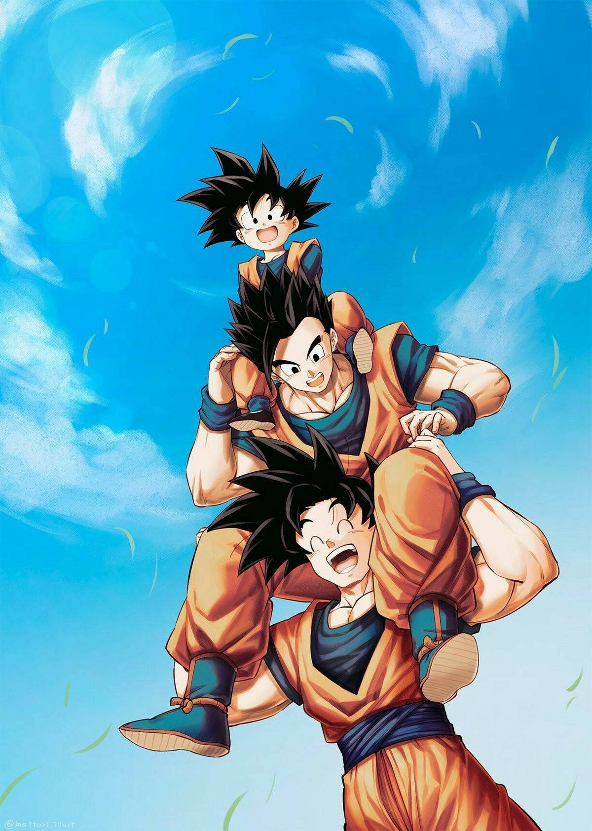 Goten 桌布 壁紙 — 三名身穿橙色道服的賽亞人戰士在明亮藍天中翱翔，天空中有縷縷白雲和飄浮的樹葉。