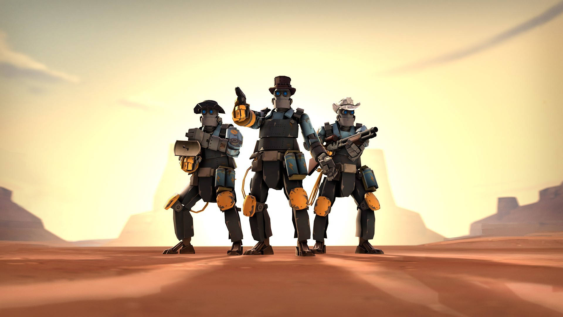 Tf2 桌布 壁紙 — 三名身穿沙漠裝備的機器人士兵自信地站在陽光明媚的峽谷中，周圍有岩石 formations。