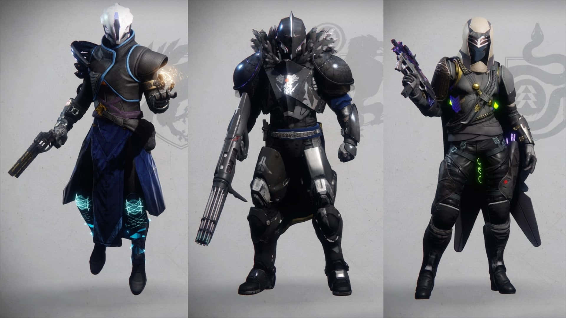 Destiny Characters 桌布 壁紙 — 三名身穿深色裝備、帶有發光裝飾的裝甲未來戰士，在純灰色背景前擺好姿勢。