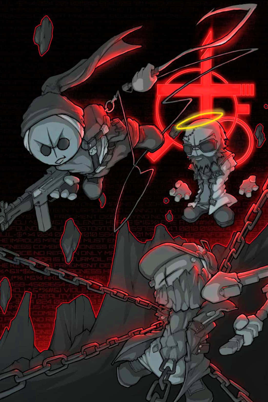 Madness Combat 桌布 壁紙 — 三名身穿灰色裝備的Q版戰士，在黑暗背景中，以發光的紅色武器互相交鋒，背景有漂浮的鎖鏈和一個紅色符號。