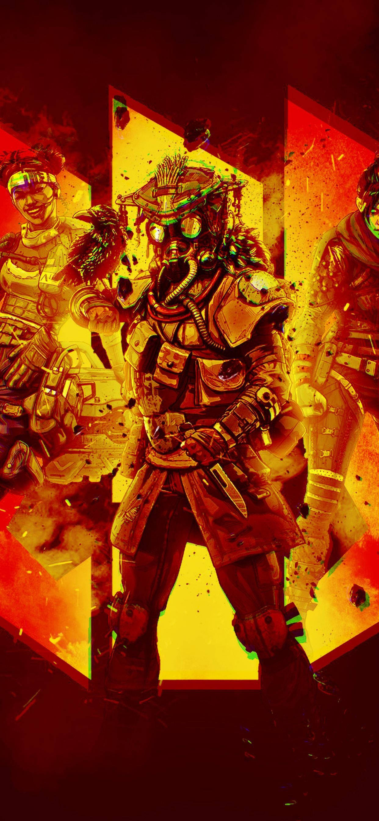 Apex Legends Mobile 桌布 壁紙 — 三名身穿發光紅色和黃色裝備的裝甲戰士，在破碎的幾何背景前挑釁地站立。