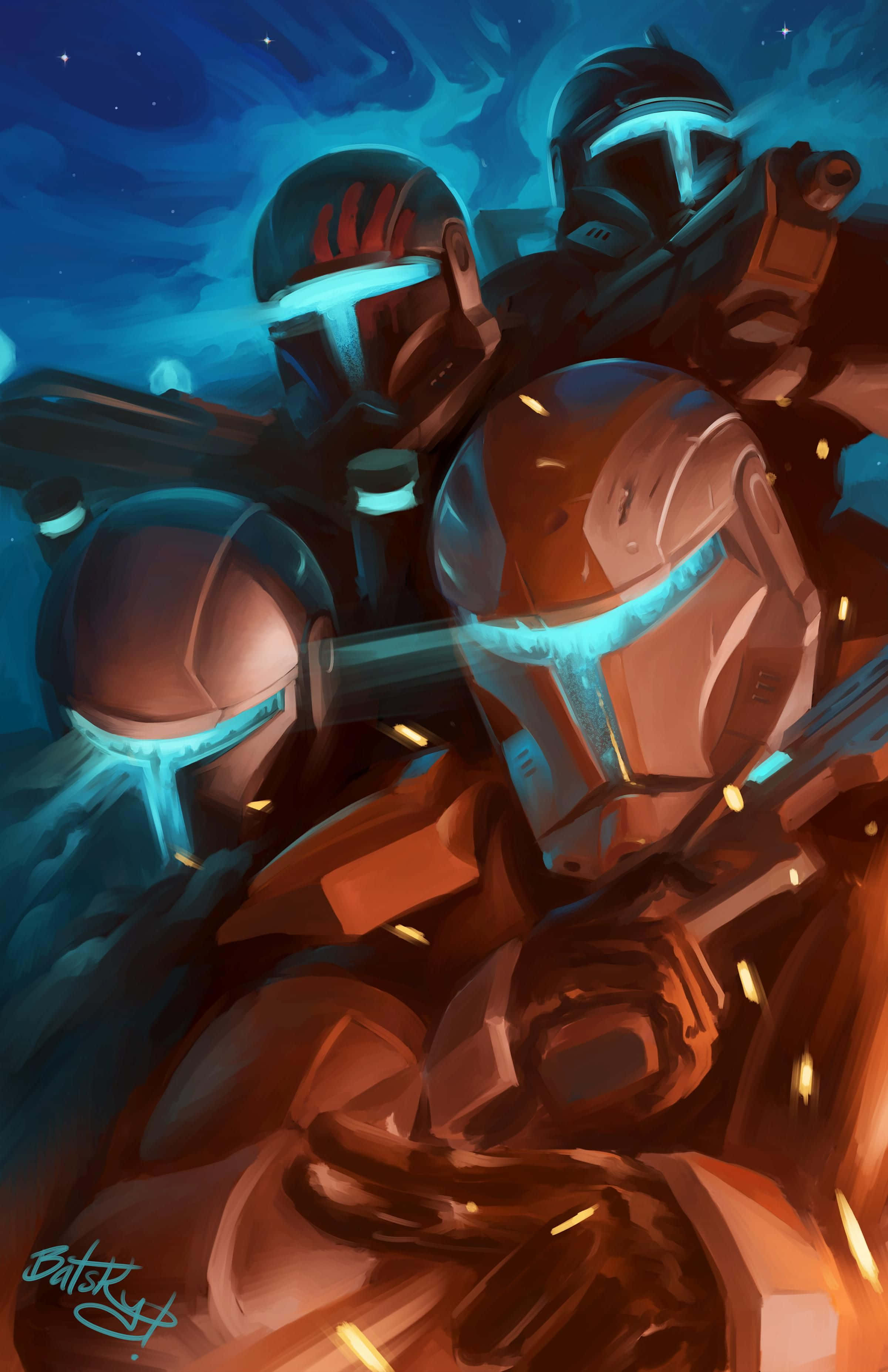 Republic Commando 桌布 壁紙 — 三名身穿發光頭盔的曼達洛戰士，在繁星點點的藍色天空下，伴隨著飛舞的火花，準備就緒。