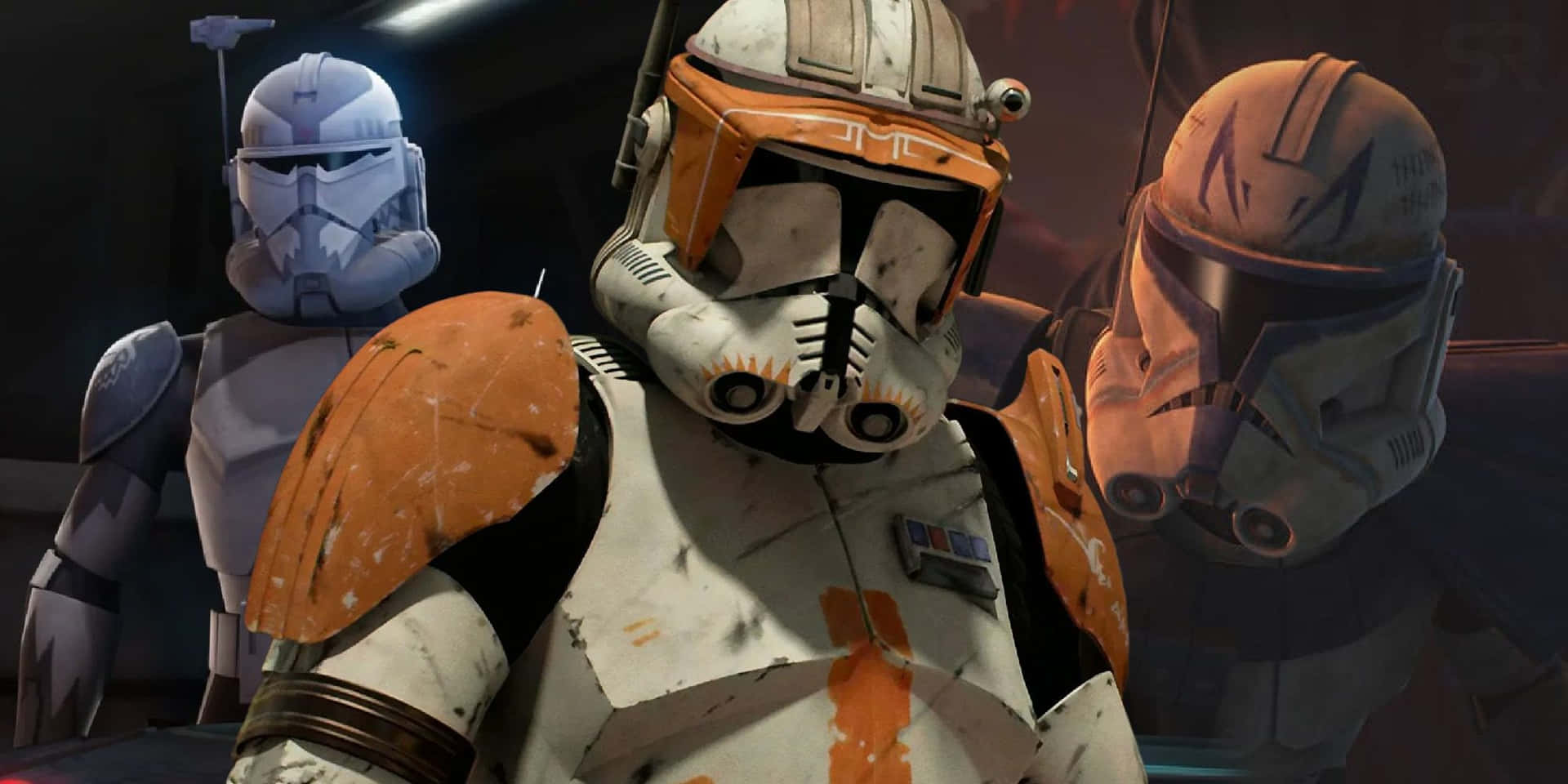 The Order 66 桌布 壁紙 — 三名身穿白色和橙色裝甲、歷經戰鬥的克隆人突擊隊員站在光線昏暗的太空船內部。
