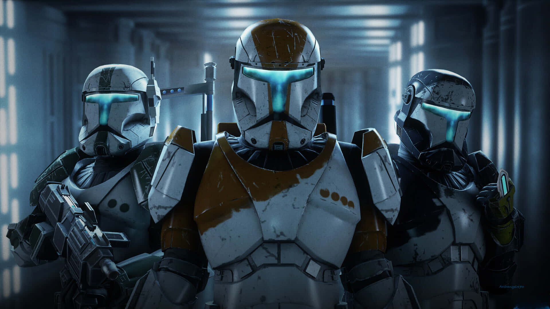 Star Wars Games 桌布 壁紙 — 三名身穿白色和橙色裝甲、經歷戰鬥的克隆人突擊兵，在昏暗的未來風格走廊中站立，戴著發光的藍色面罩。