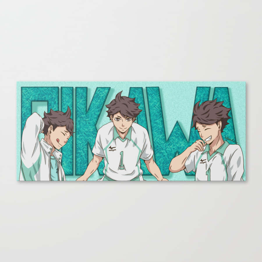 Aoba Johsai 桌布 壁紙 — 三名身穿白色球衣、背號一的動漫排球選手，在青綠色紋理背景前開心地擺姿勢，並附有他們的名字。
