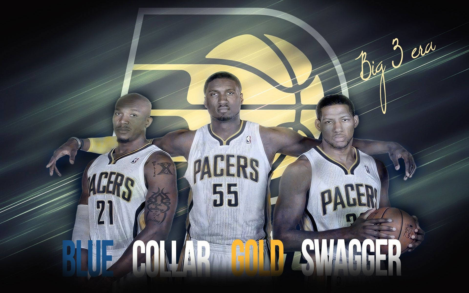 Pacers 桌布 壁紙 — 三名身穿白色球衣的印第安納溜馬籃球運動員，在閃耀的金色籃球標誌和動態光線條前自信地擺姿勢。
