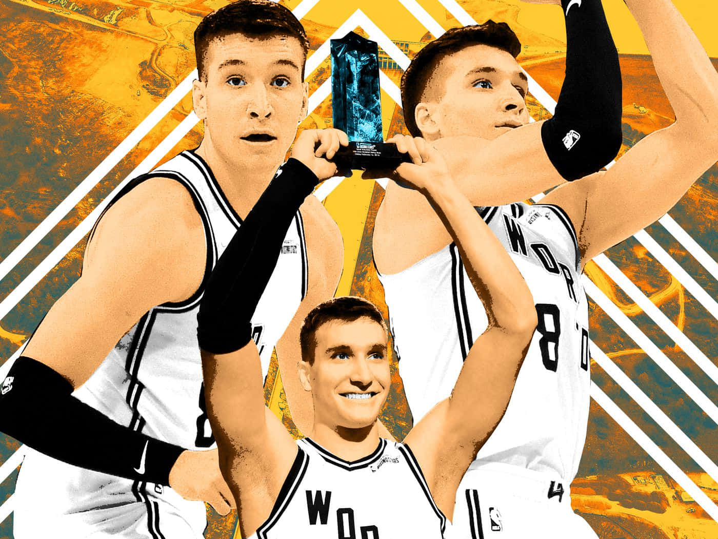 NBA 桌布 壁紙 — 三名身穿白色球衣的籃球運動員在充滿活力的橙色和白色幾何背景前高舉獎盃。