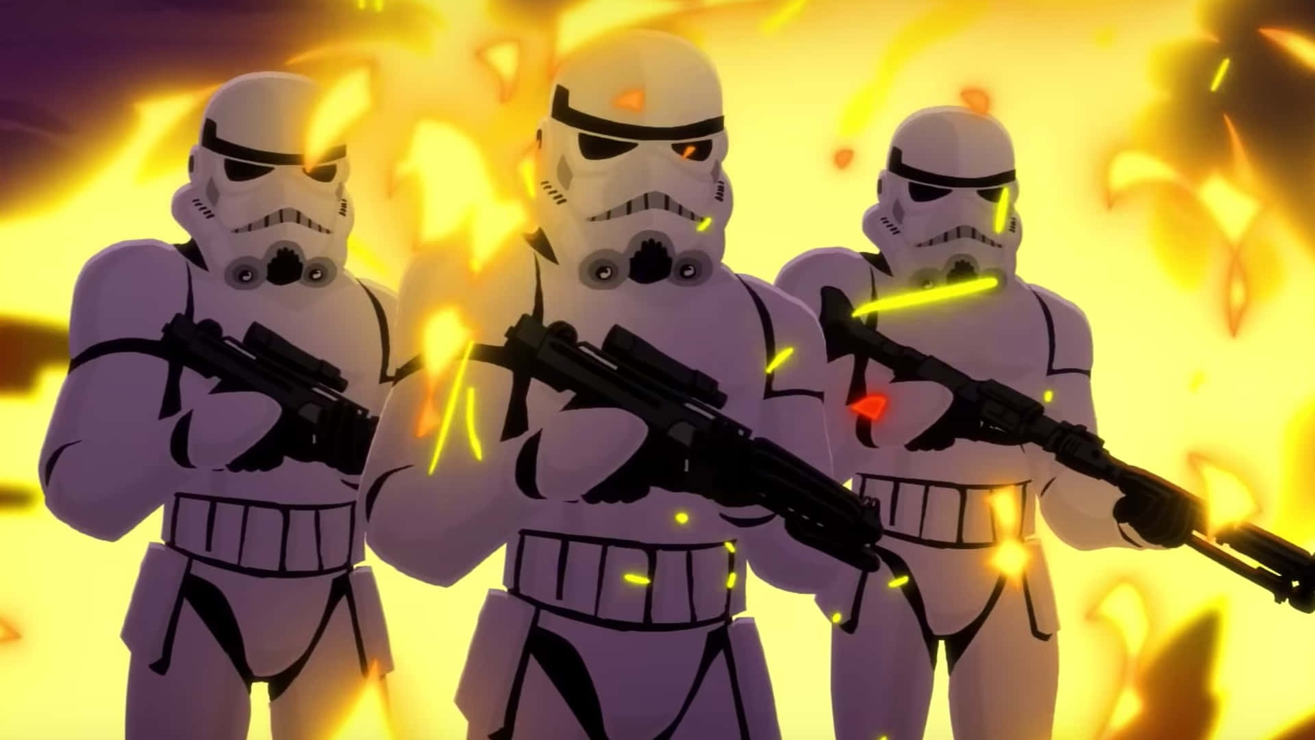 Imperial Army 桌布 壁紙 — 三名身穿白色盔甲的風暴兵站在熾熱的黃色火焰中，手持爆能槍和發光的射擊。