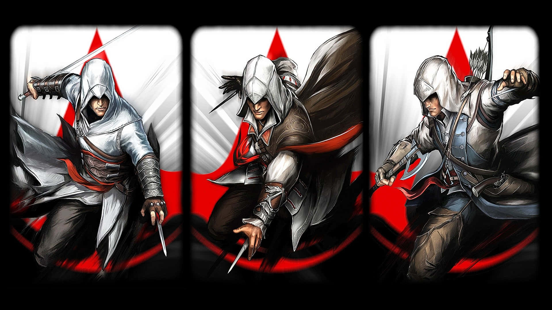 Ezio Auditore 桌布 壁紙 — 三名身穿白色連帽長袍、帶有紅色點綴的刺客，在鮮明的紅白背景下擺出動態戰鬥姿勢。