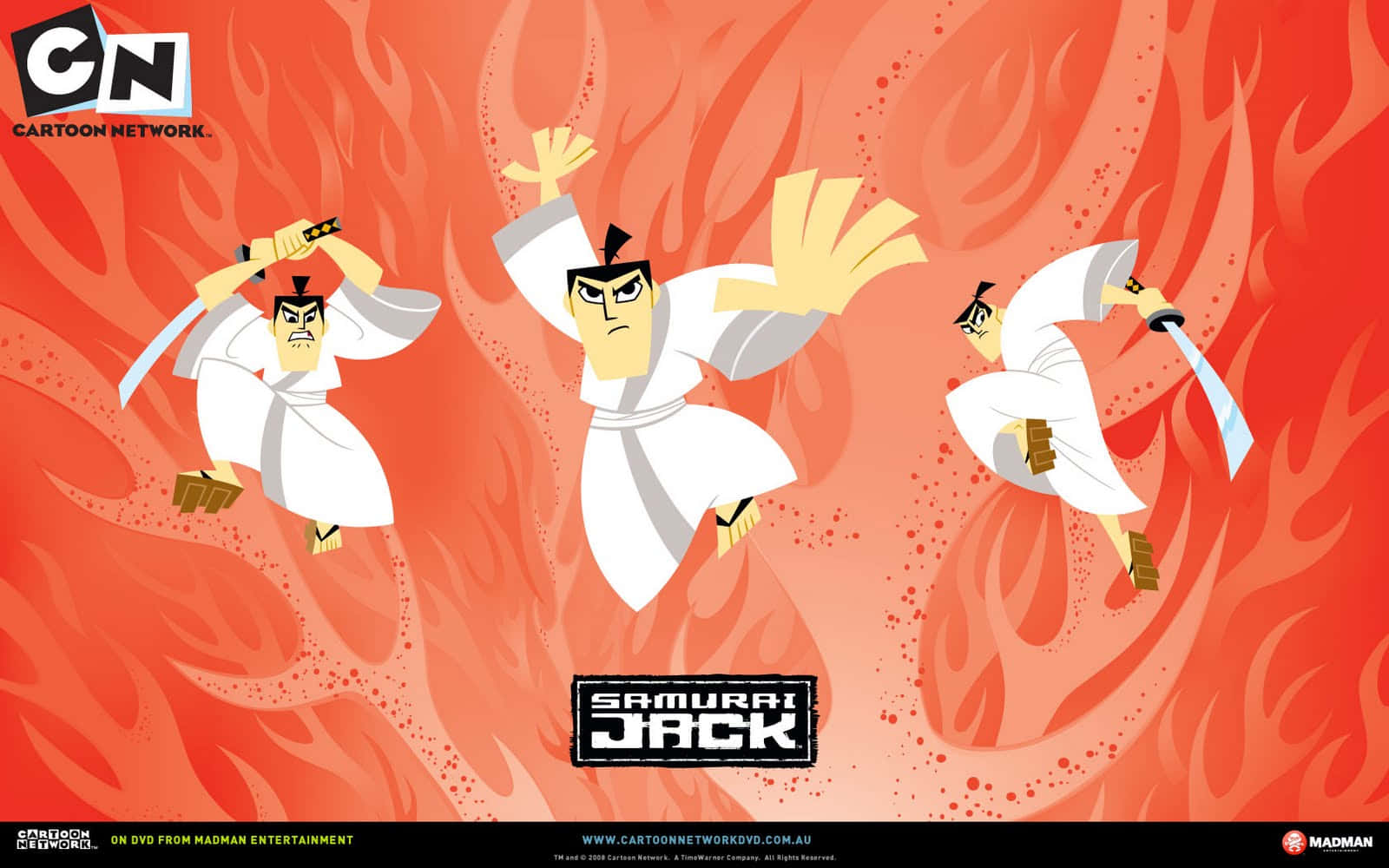 samurai jack 桌布 壁紙 — 三名身穿白色長袍的動畫武士戰士在火熱的橙色背景上動態碰撞。