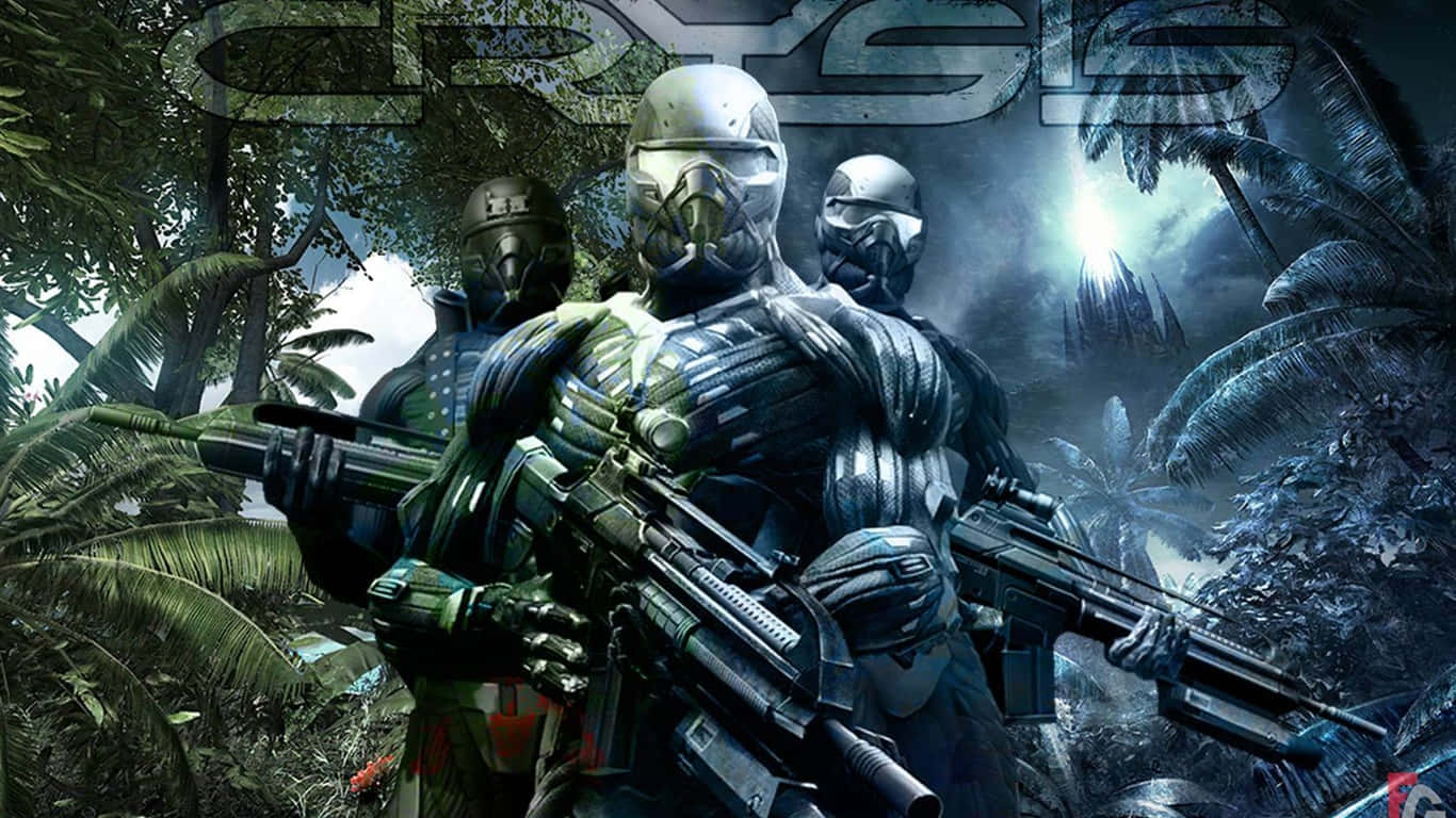 video games 桌布 壁紙 — 三名身穿盔甲的士兵，頭戴頭盔，手持步槍，站在霧氣瀰漫的叢林中，頭頂是一輪發光的月亮。
