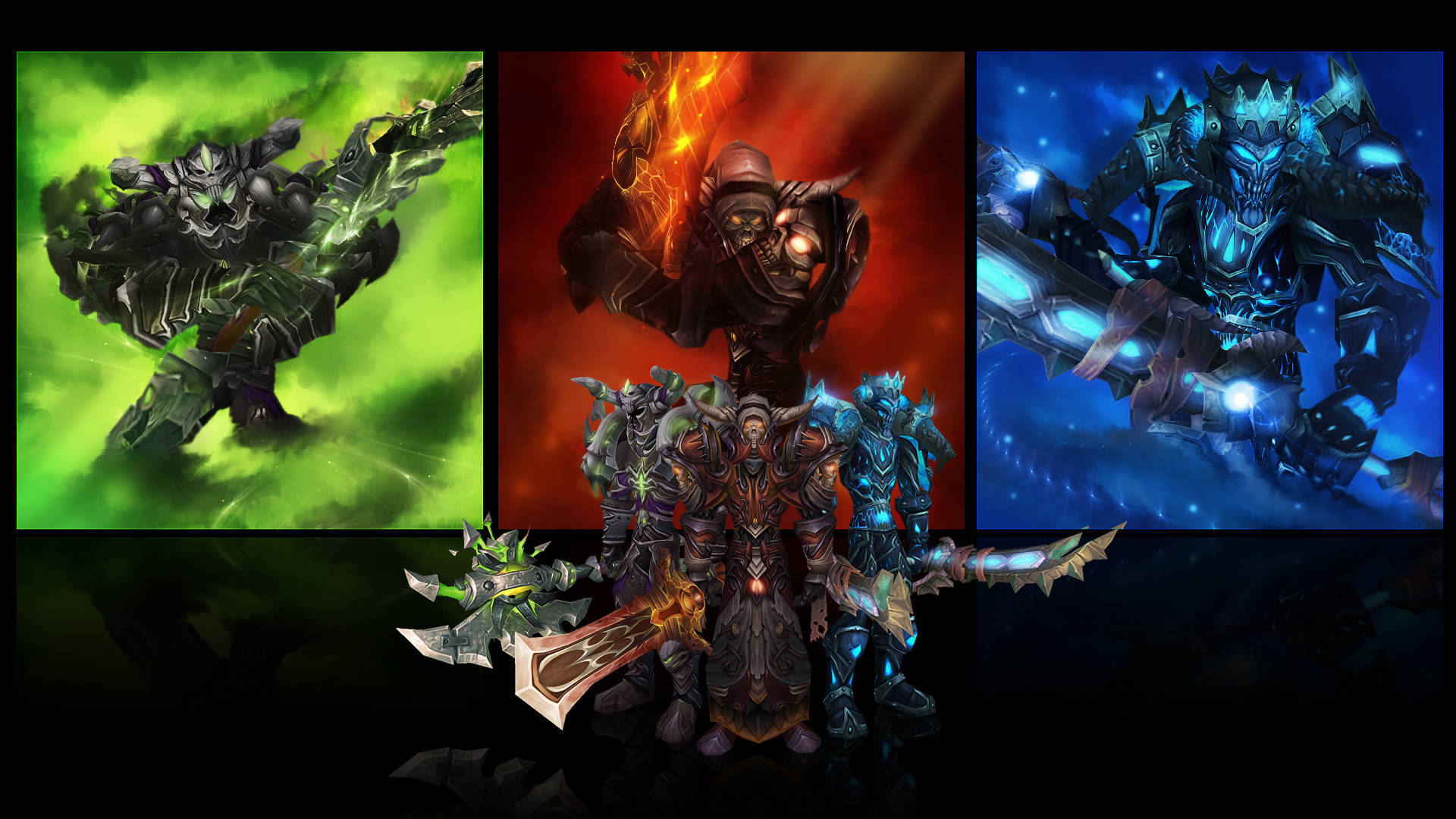 Death Knight 桌布 壁紙 — 三名身穿盔甲的奇幻戰士站在綠色、紅色和藍色背景中發光的元素首領面前。