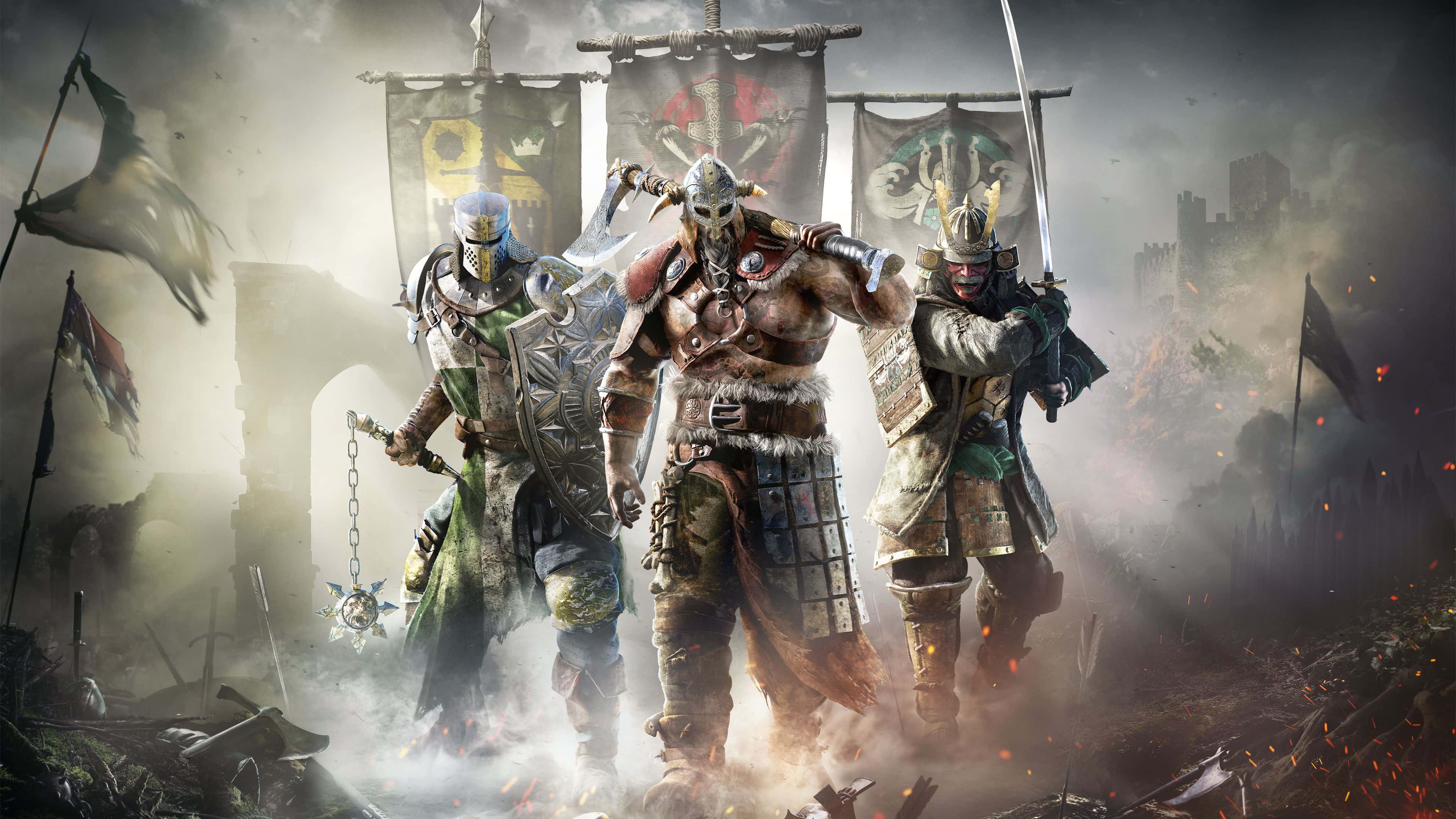 For Honor 桌布 壁紙 — 三名身穿盔甲的戰士在廢墟戰場上，於戰旗之下穿過煙霧和瓦礫前進。