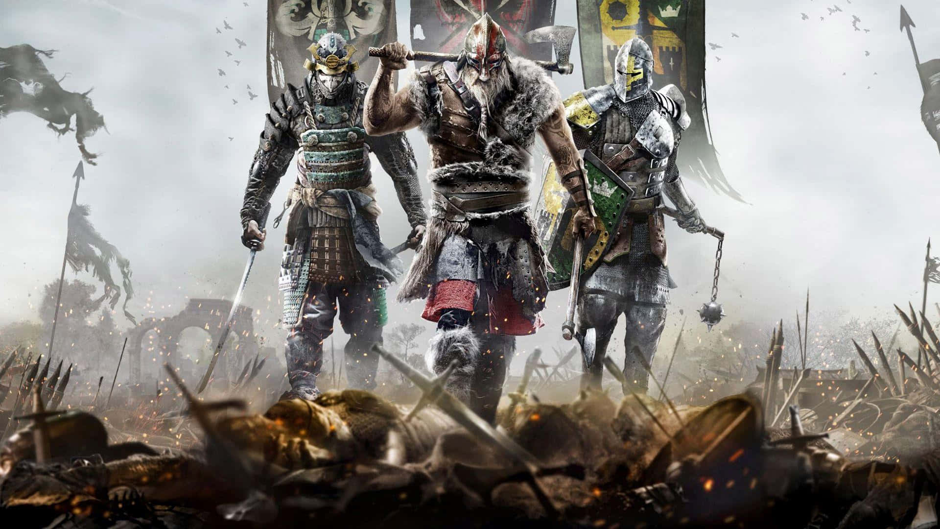Female Samurai For Honor 桌布 壁紙 — 三名身穿盔甲的戰士在暴風雨的天空下，站在滿是倒下的士兵和折斷的長矛的戰場上，挑釁地站立著。