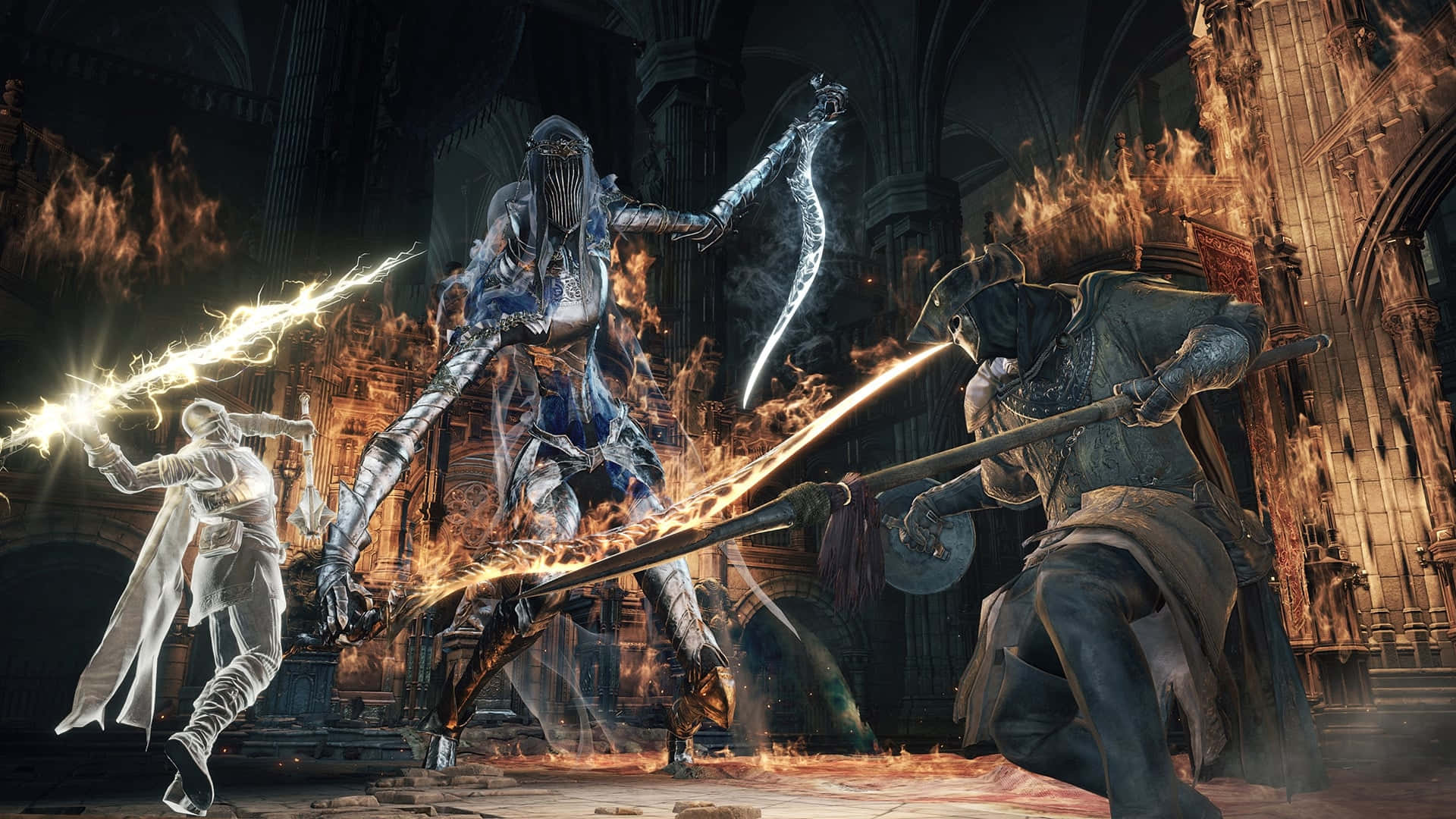 Dark Souls Bosses 桌布 壁紙 — 三名身穿盔甲的戰士在燃燒的大教堂中，以發光的刀刃和戲劇性的燈光交鋒。