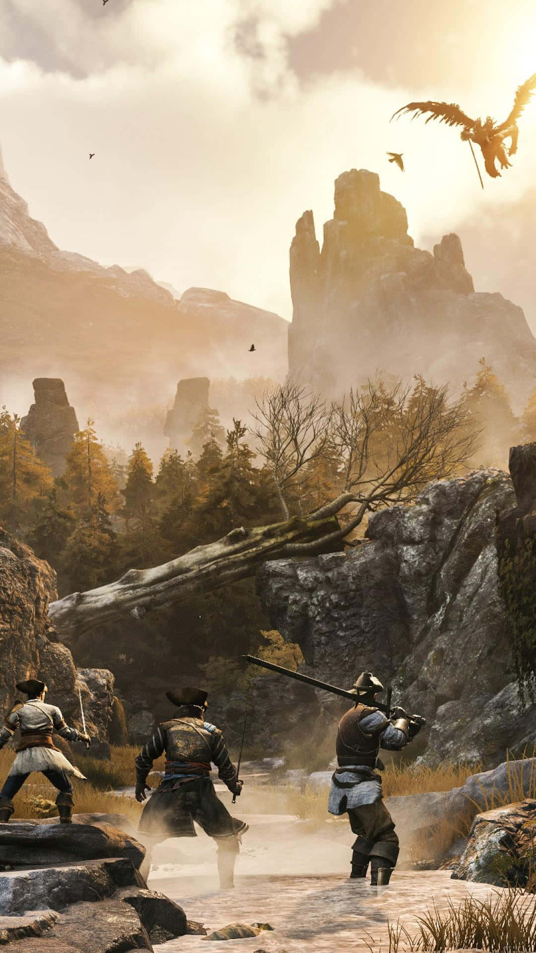 Android Greedfall 桌布 壁紙 — 三名身穿盔甲的戰士在霧氣瀰漫的山谷中行進，一隻巨鷹在黃金時段翱翔於他們頭頂。