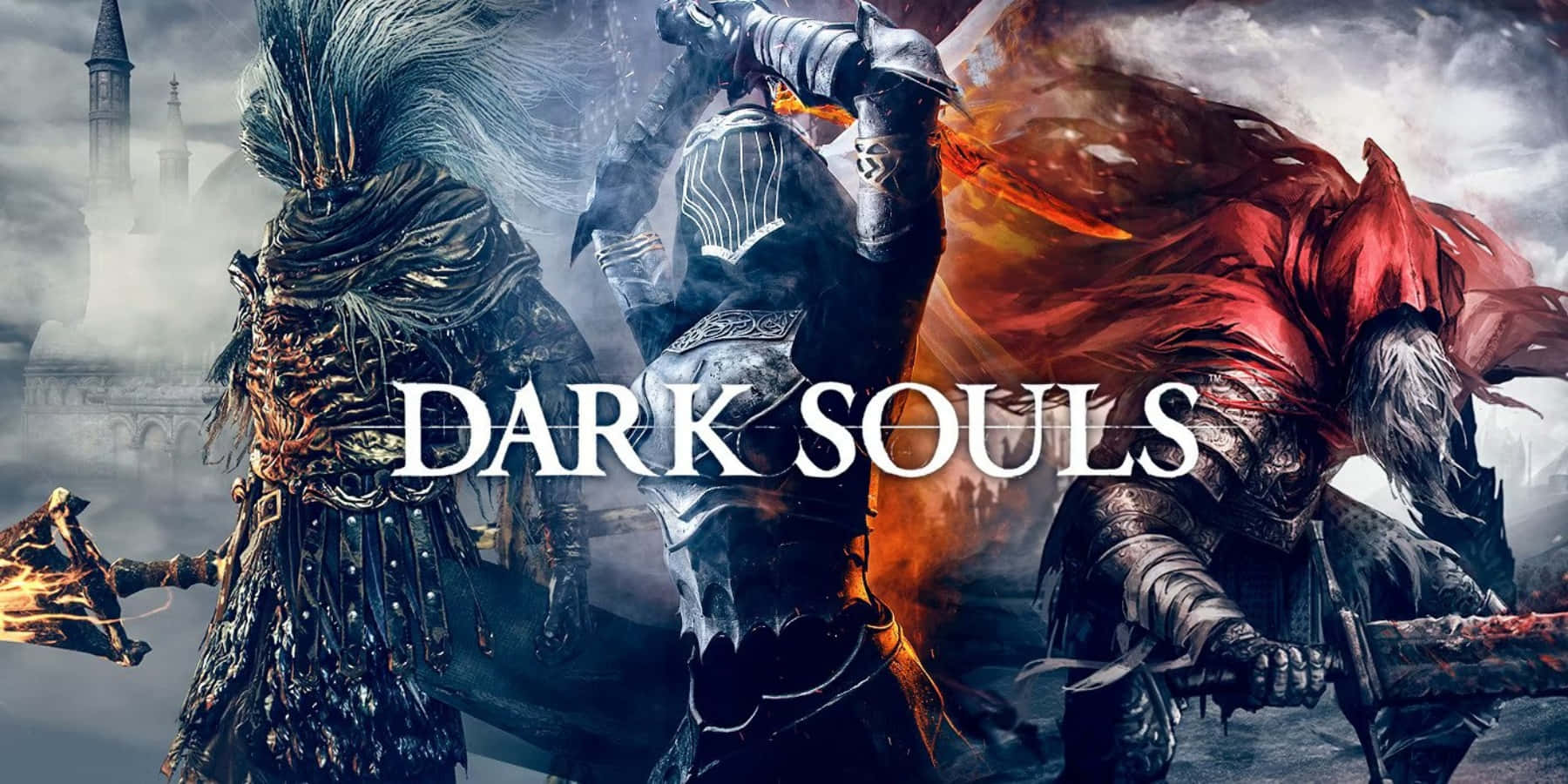 Dark Souls Bosses 桌布 壁紙 — 三名身穿盔甲的戰士在黑暗奇幻戰鬥中碰撞，背景是火焰武器和哥德式建築。