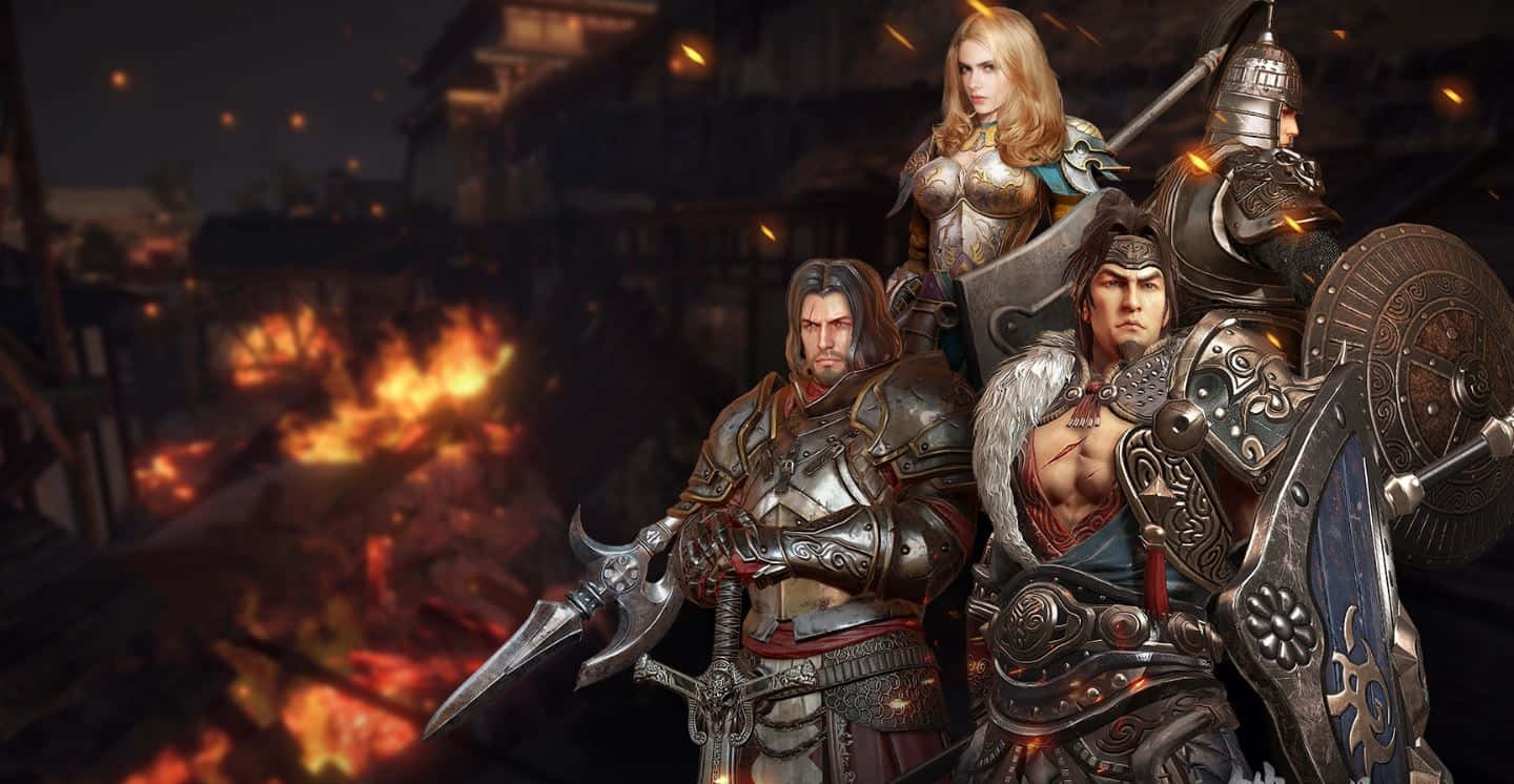 Blood Of Steel 桌布 壁紙 — 三名身穿盔甲的戰士在黑暗的天空下，挑釁地站在燃燒的城市景觀前。