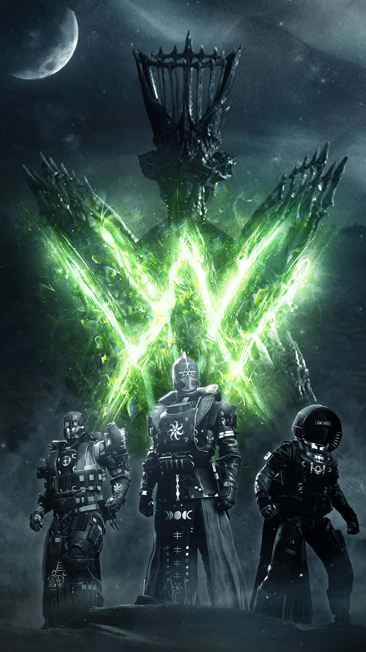 Destiny 2 桌布 壁紙 — 三名身穿盔甲的戰士站在新月下發光的綠色巨石前，構成黑暗奇幻場景。