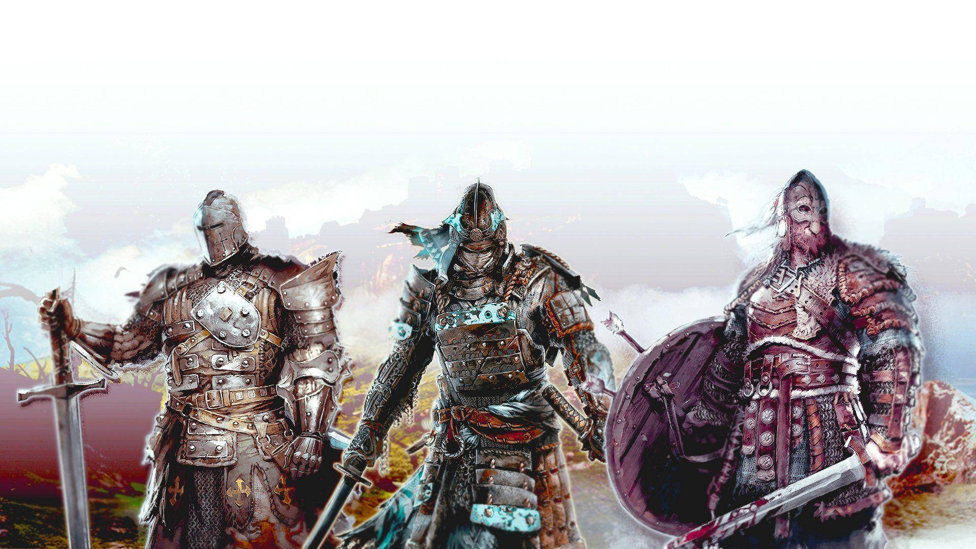 電玩遊戲 桌布 壁紙 — 三名身穿盔甲的戰士站在烈火戰場上，手持劍與盾，背景是煙霧瀰漫的天空。