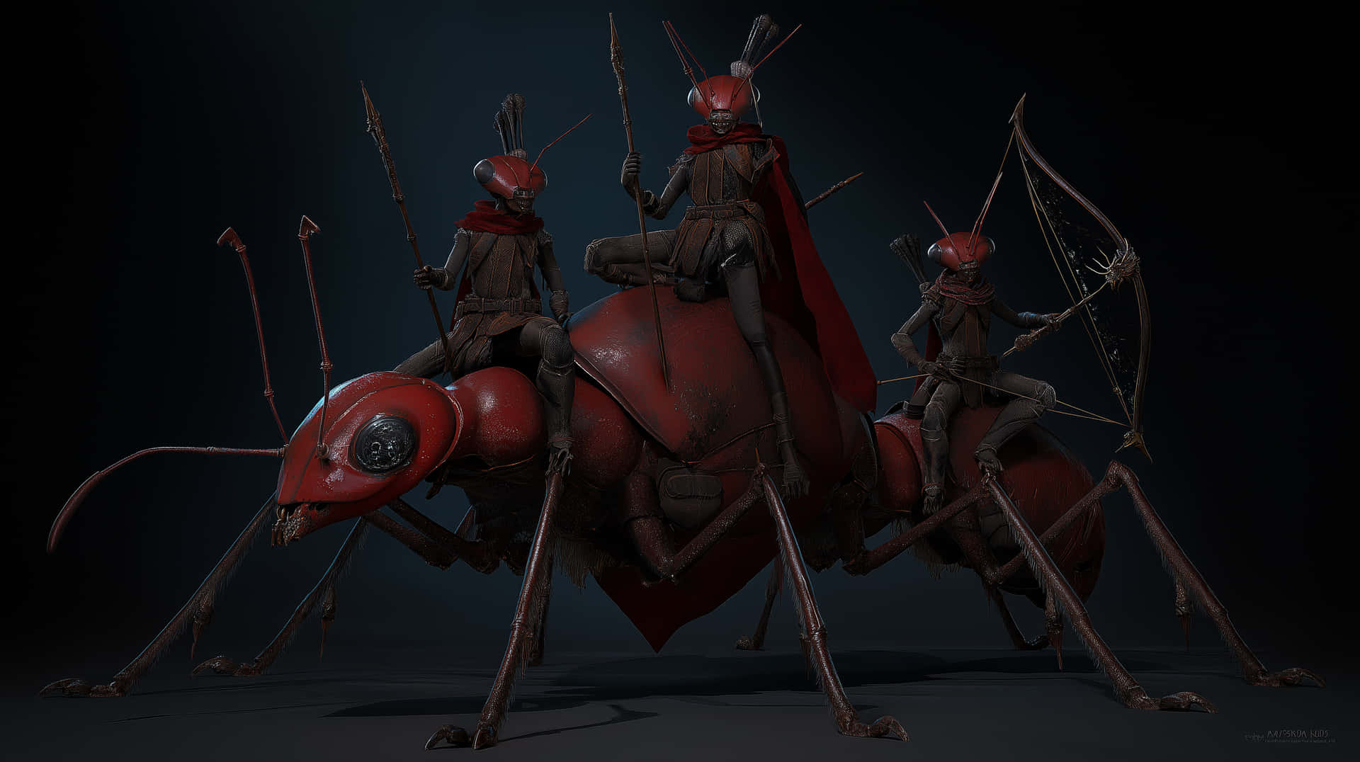 Formidable Insectoid Warriors Mounted for Battle 壁紙 — 三名身穿盔甲的戰士騎著一隻巨大的紅色螞蟻，手持長矛和弓箭，背景黑暗。