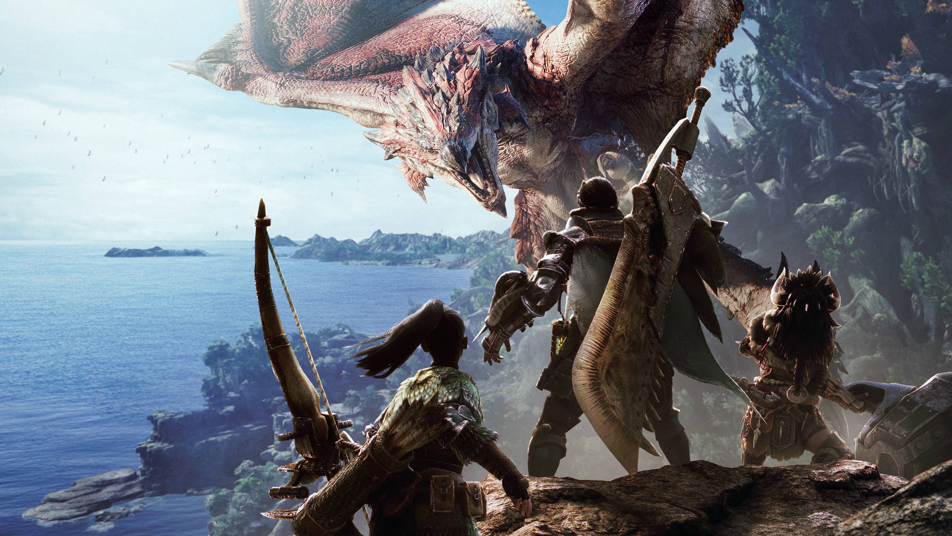 Monster Hunter 桌布 壁紙 — 三名身穿盔甲的獵人在懸崖上面對一條巨大的紅龍，懸崖下是廣闊的藍色海洋，天空明亮。