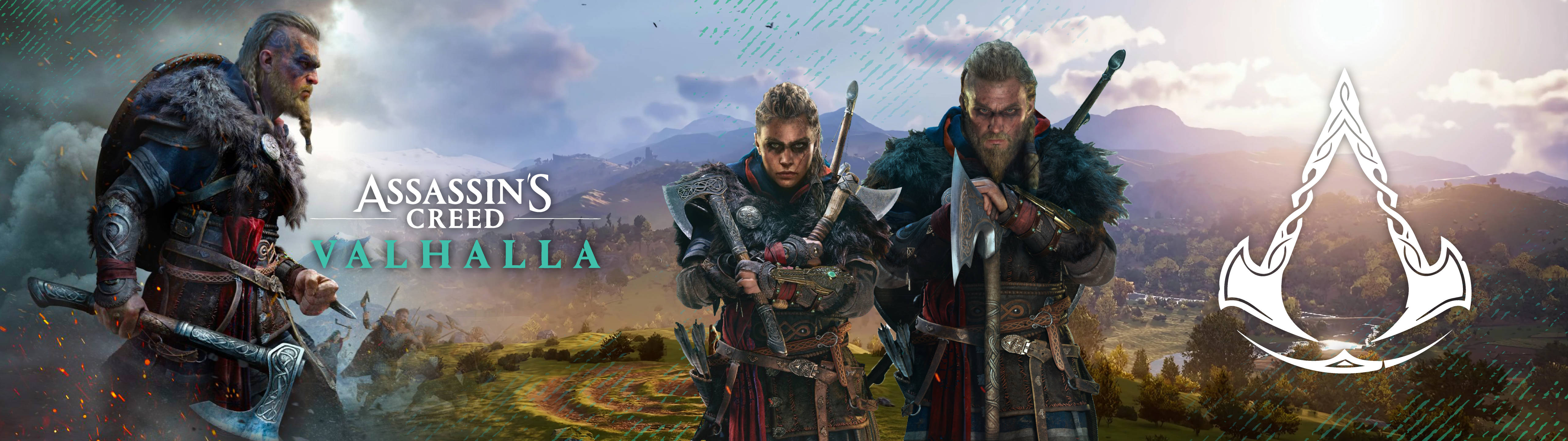 5120x1440 gaming 桌布 壁紙 — 三名身穿精細盔甲的維京戰士，在陰雲密布的天空下，以霧氣瀰漫的山脈為背景，手持戰斧準備就緒。
