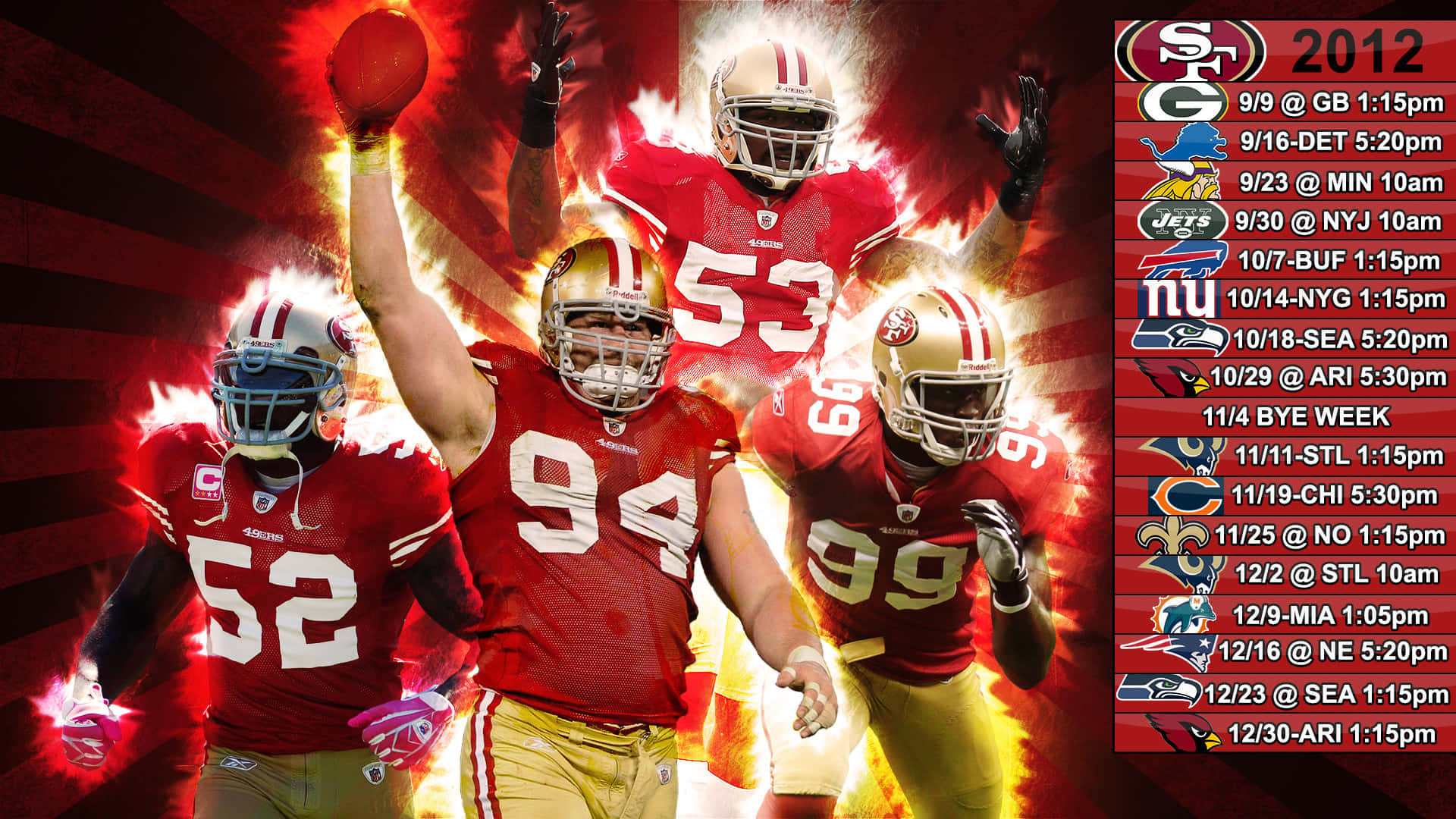 49ers 桌布 壁紙 — 三名身穿紅色球衣的舊金山四九人美式足球員在火紅背景上動態慶祝，並疊加2012年賽程表。
