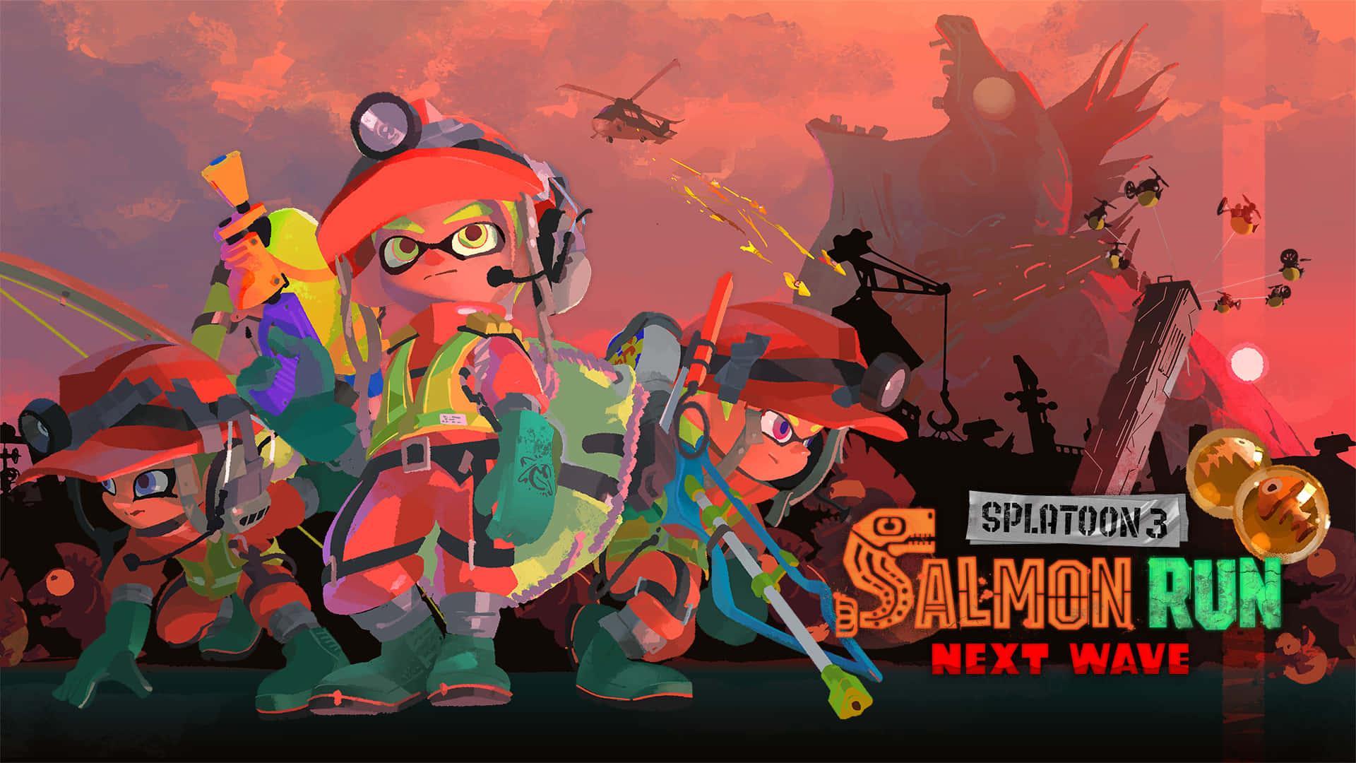 斯普拉遁 桌布 壁紙 — 三名身穿紅色裝備的Splatoon 3角色，在熾熱的日落背景下，手持武器，準備就緒，背景中還有巨型魷魚剪影和直升機。
