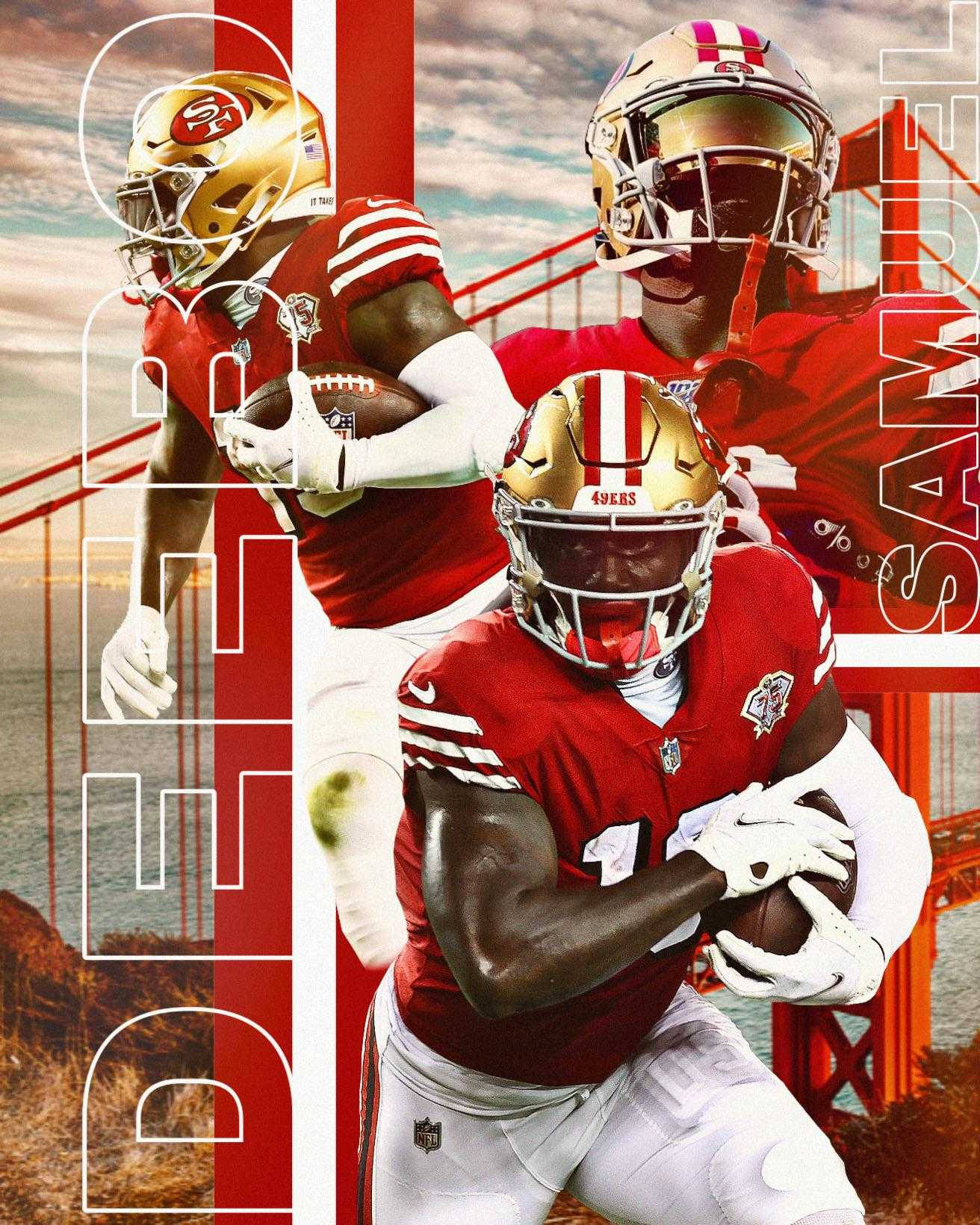 Deebo 桌布 壁紙 — 三名身穿紅金球衣的舊金山49人美式足球員在日落金門大橋背景下動態奔跑。