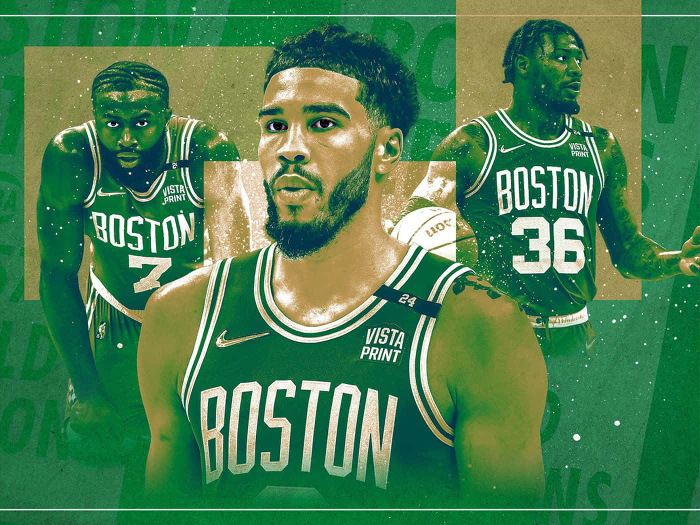 Celtics 桌布 壁紙 — 三名身穿綠色球衣的波士頓塞爾提克籃球運動員，在帶有紋理的綠色和金色背景前，以強烈的表情擺姿勢。