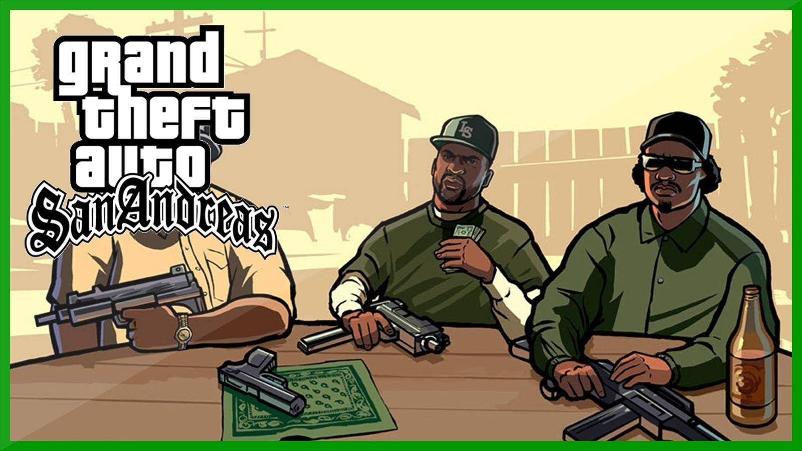 GTA 聖安地列斯 桌布 壁紙 — 三名身穿綠色襯衫的武裝男子坐在一張桌子旁，桌上放著槍、現金和一瓶啤酒，風格粗獷卡通。
