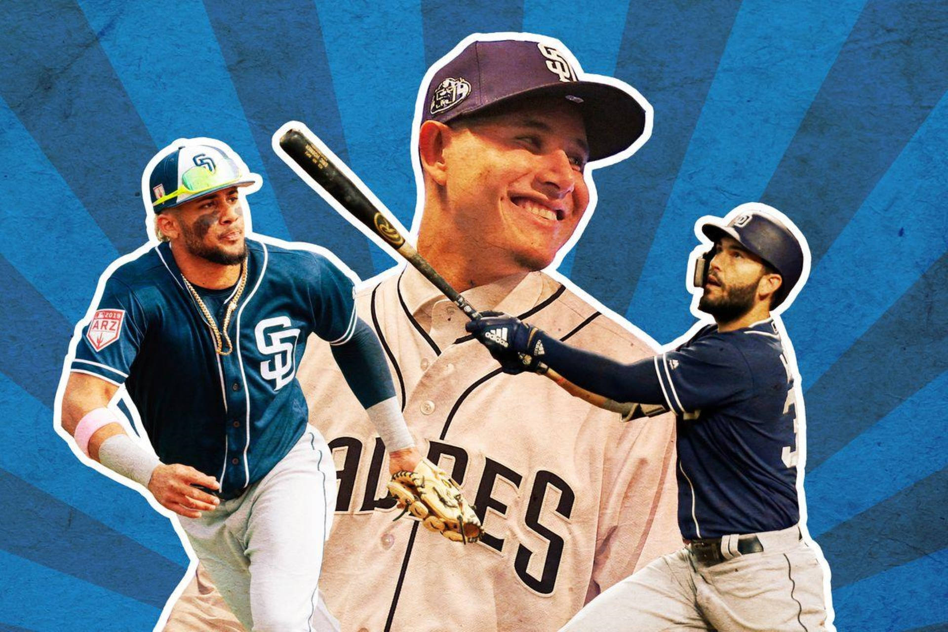 Padres 桌布 壁紙 — 三名身穿聖地牙哥教士隊球衣的棒球選手在充滿活力的藍色放射狀背景前動態擺姿勢。