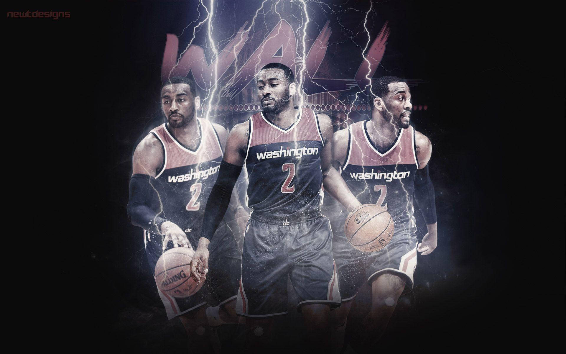 Bradley Beal 桌布 壁紙 — 三名身穿華盛頓球衣的籃球運動員在黑暗背景下被閃電電擊。