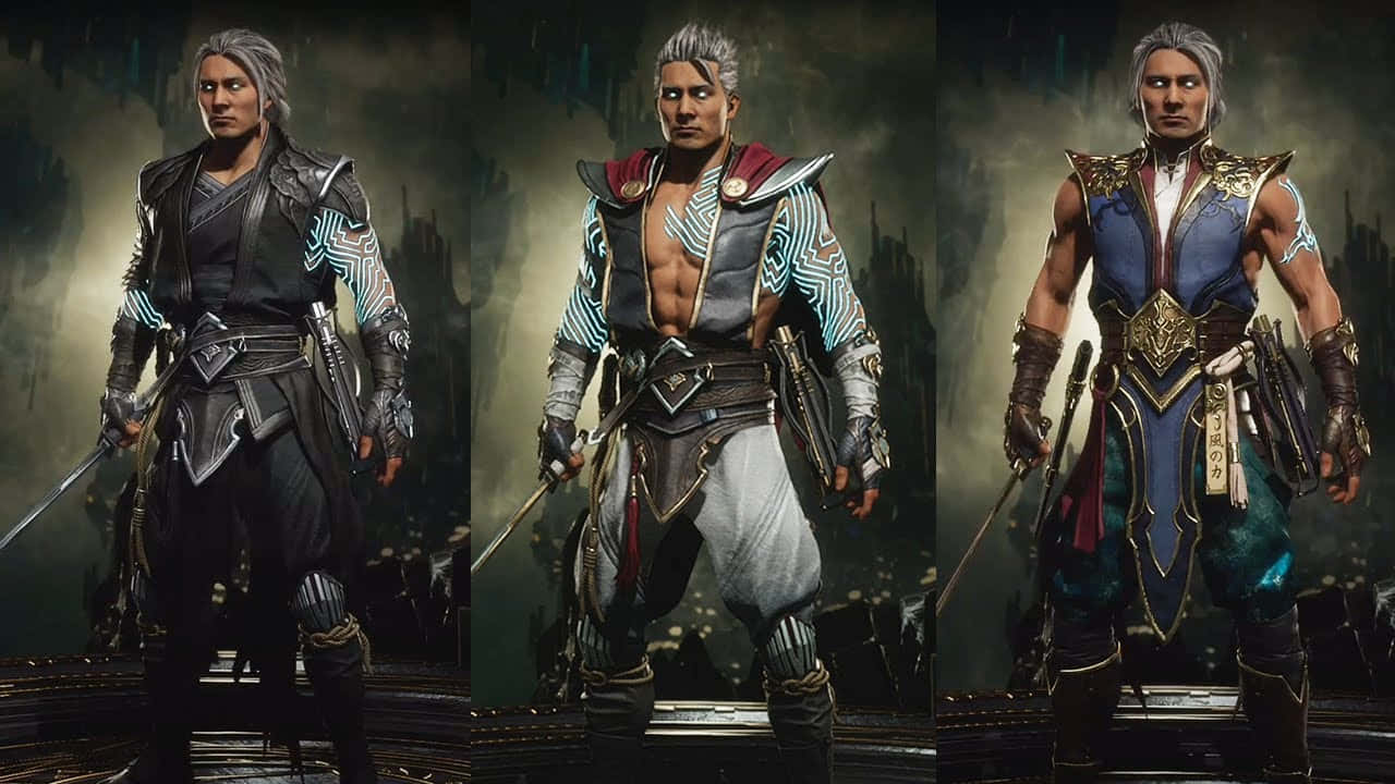 Mortal Kombat Fujin 桌布 壁紙 — 三名身穿華麗奇幻裝備的裝甲戰士，在迷霧哥德式背景下持劍蓄勢待發。