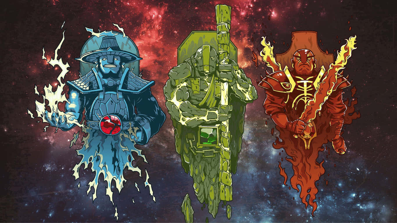 1366x768 Dota 2 桌布 壁紙 — 三名身穿藍、綠、紅色盔甲的元素戰士漂浮在宇宙星雲背景下，各自散發出相應的元素。