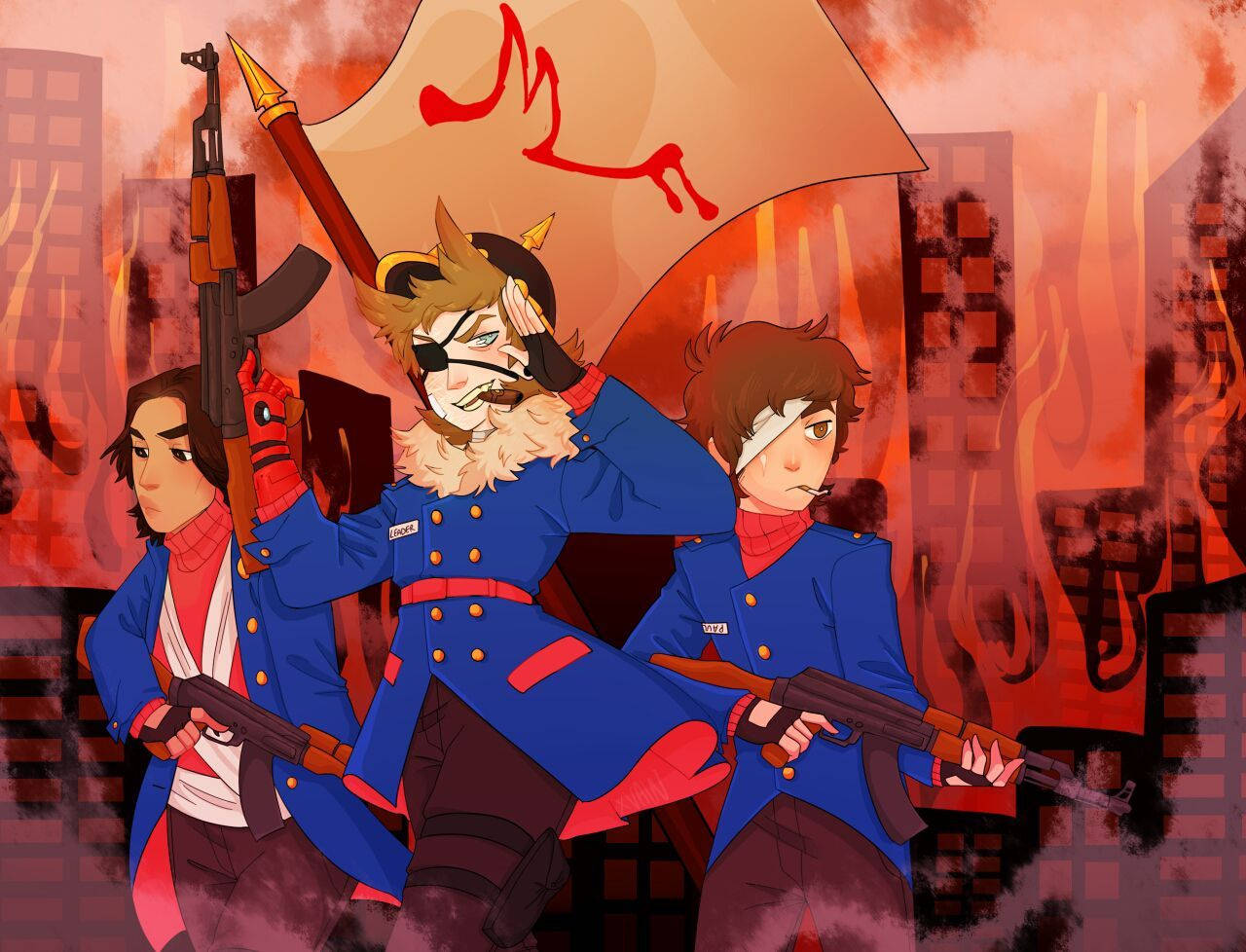 Eddsworld 桌布 壁紙 — 三名身穿藍色制服、動漫風格的叛軍，手持步槍和帶有紅色標誌的旗幟，穿過燃燒的城市。