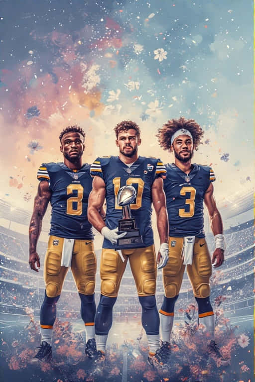 Aesthetic NFL Dreamscape 壁紙 — 三名身穿藍色和金色球衣的足球員在體育館中自豪地高舉獎盃，周圍有五彩紙屑飄落。
