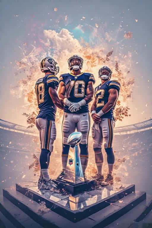 Aesthetic NFL Dreamscape 壁紙 — 三名身穿藍色和金色球衣的足球員自豪地站在閃閃發光的隆巴迪獎盃周圍，金色樹葉在體育場的空氣中旋轉。