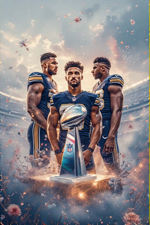 Aesthetic NFL Dreamscape 壁紙 — 三名身穿藍色球衣的NFL球員自豪地站在閃閃發光的超級碗獎盃周圍，周圍有飄浮的花瓣和體育場燈光。