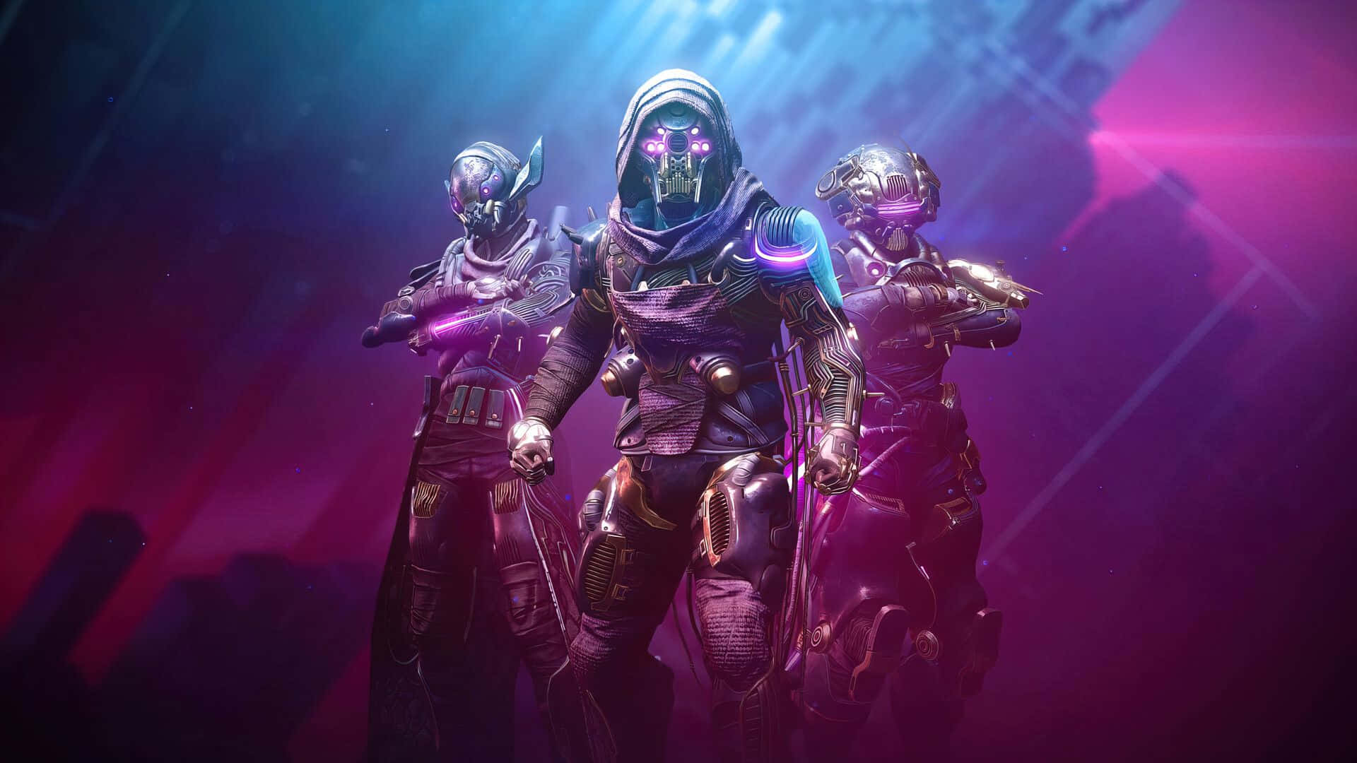 Best Destiny 2 桌布 壁紙 — 三名身穿裝甲、擁有發光紫色眼睛的未來戰士，站在霓虹燈照亮、充滿戲劇性藍色和粉紅色燈光的科幻競技場中。