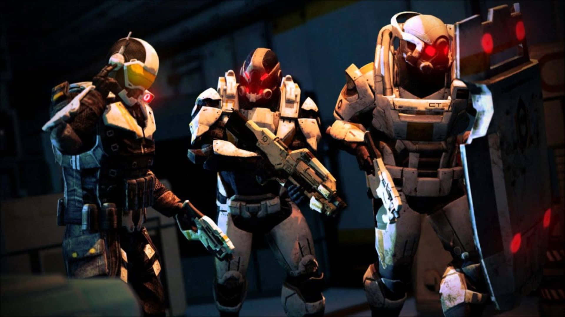 Mass Effect Cerberus 桌布 壁紙 — 三名身穿裝甲、眼睛發出紅光的未來戰士，在昏暗的工業環境中手持武器站立。