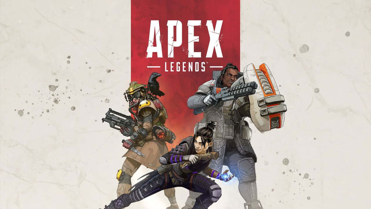 720p Apex Legends 桌布 壁紙 — 三名身穿裝甲的Apex Legends角色在紅色紋理背景和遊戲標題前動態擺姿勢。