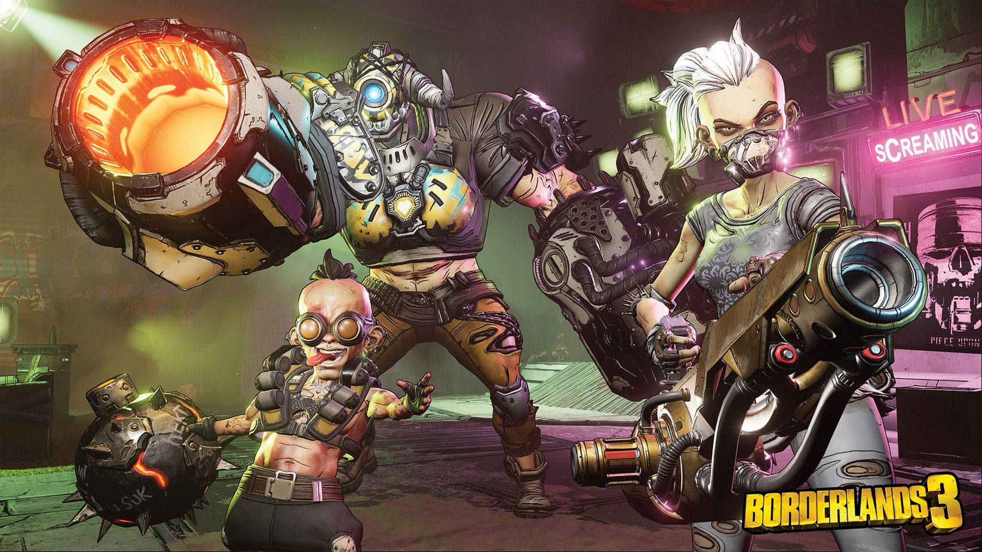 Borderlands 3 桌布 壁紙 — 三名身穿裝甲的傭兵手持超大型武器，站在《邊緣禁地3》中霓虹燈照亮、反烏托邦的小巷中。