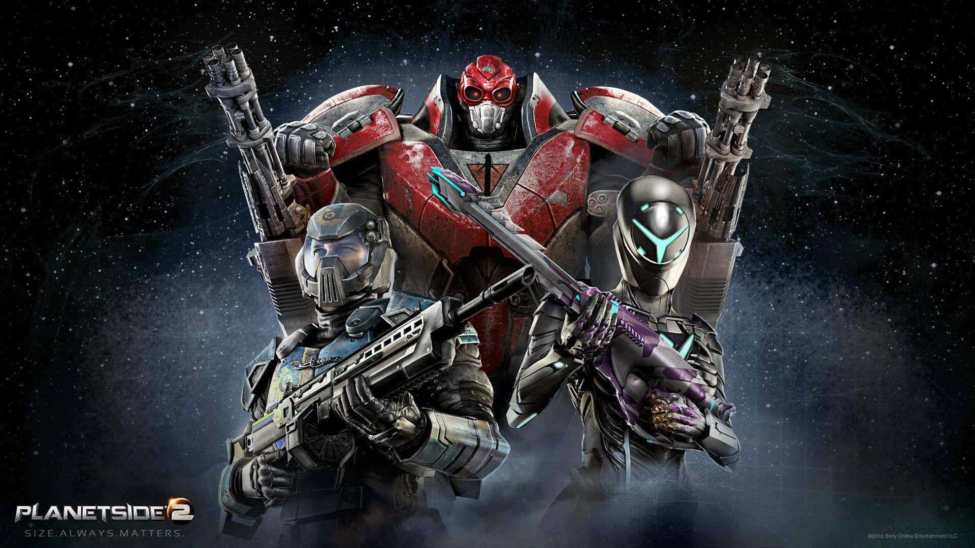 三名身穿裝甲的士兵手持未來武器，在星光宇宙場景中。 — Ps4 壁紙
