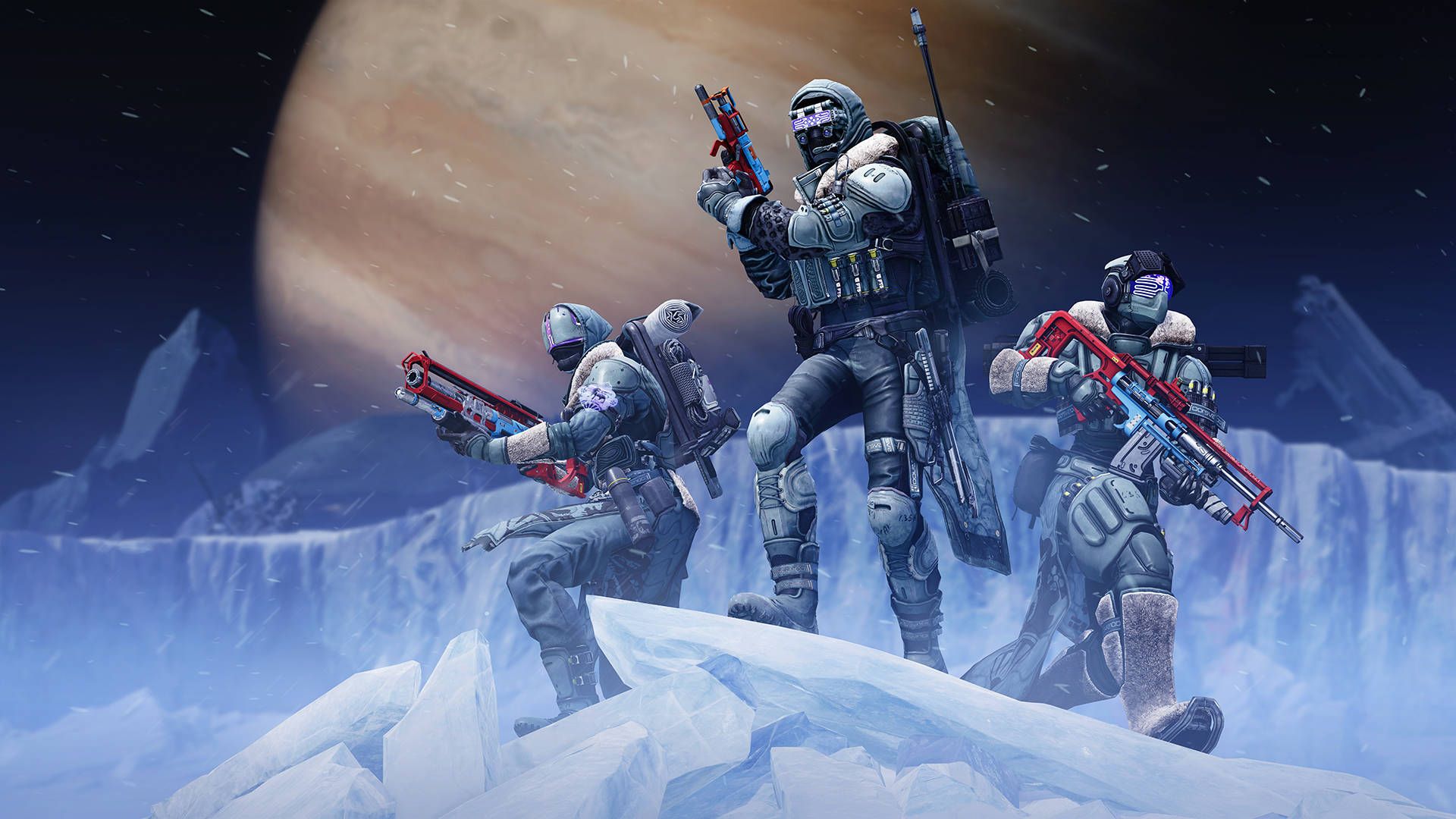 Destiny 2 桌布 壁紙 — 三名身穿裝甲的士兵手持發光武器，站在冰凍地形上，下方是一個巨大的橙色星球，構成科幻場景。