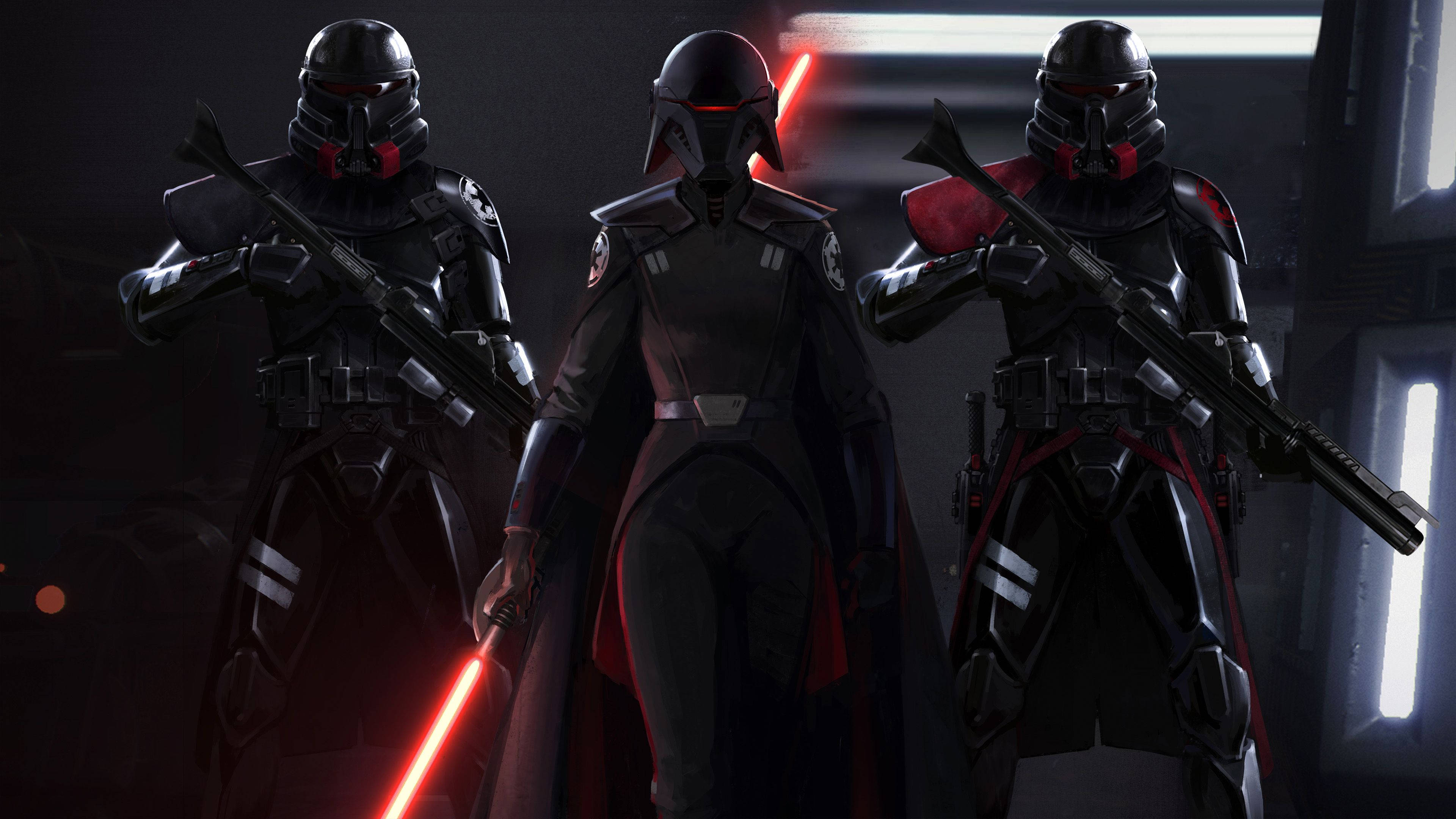 Jedi Fallen Order 桌布 壁紙 — 三名身穿裝甲的士兵手持紅色光劍，站在由發光面板照亮的黑暗未來風格走廊中。