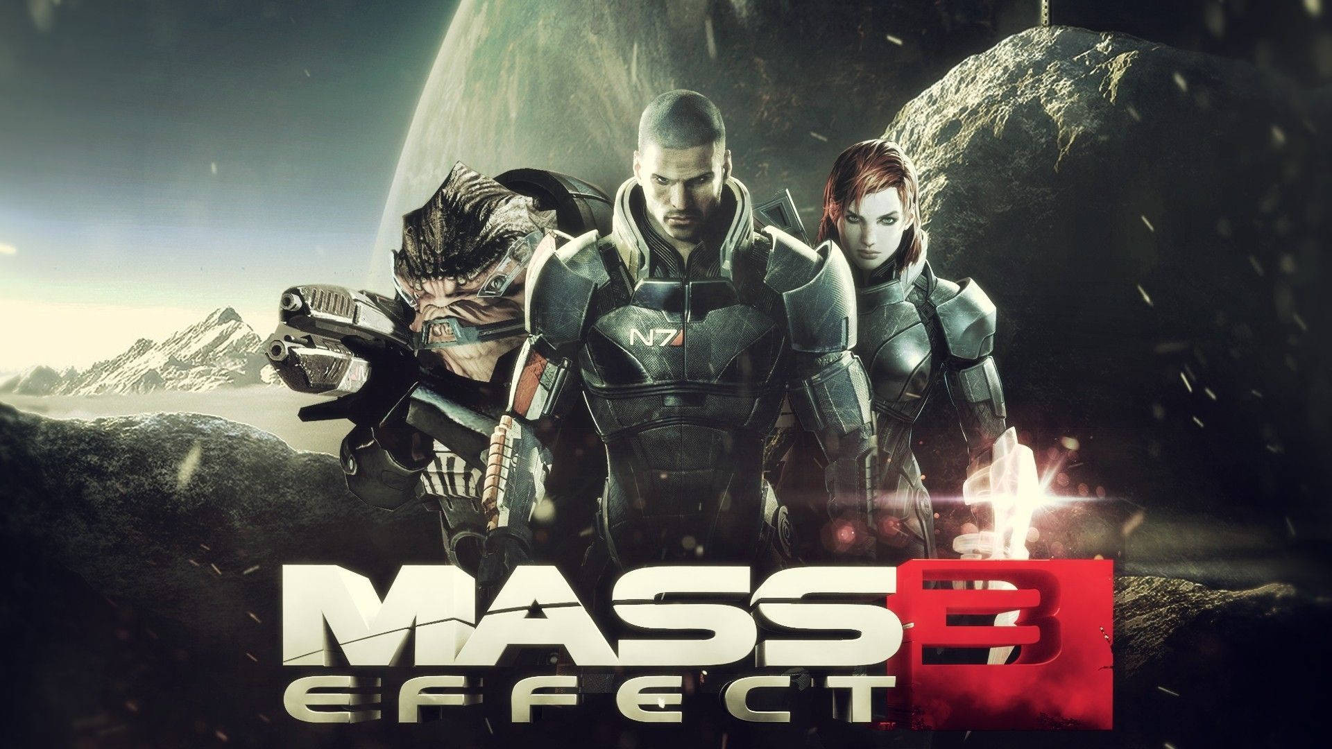 Mass Effect 3 桌布 壁紙 — 三名身穿裝甲的太空士兵挑釁地站在一個岩石外星行星上，背景中一個巨大行星隱約出現。