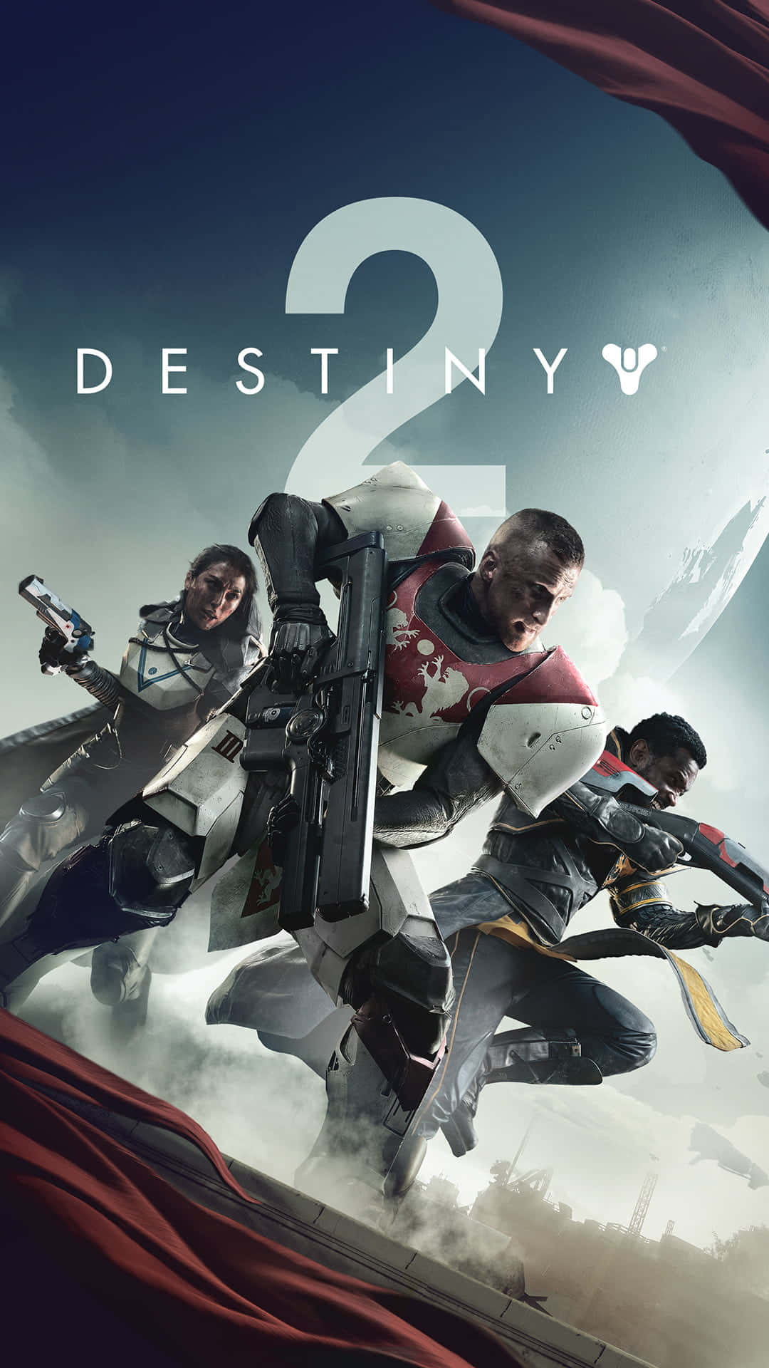 Destiny 2 Phone 桌布 壁紙 — 三名身穿裝甲的太空戰士在宇宙背景下動態跳躍，背景中有一個巨大的發光數字二。